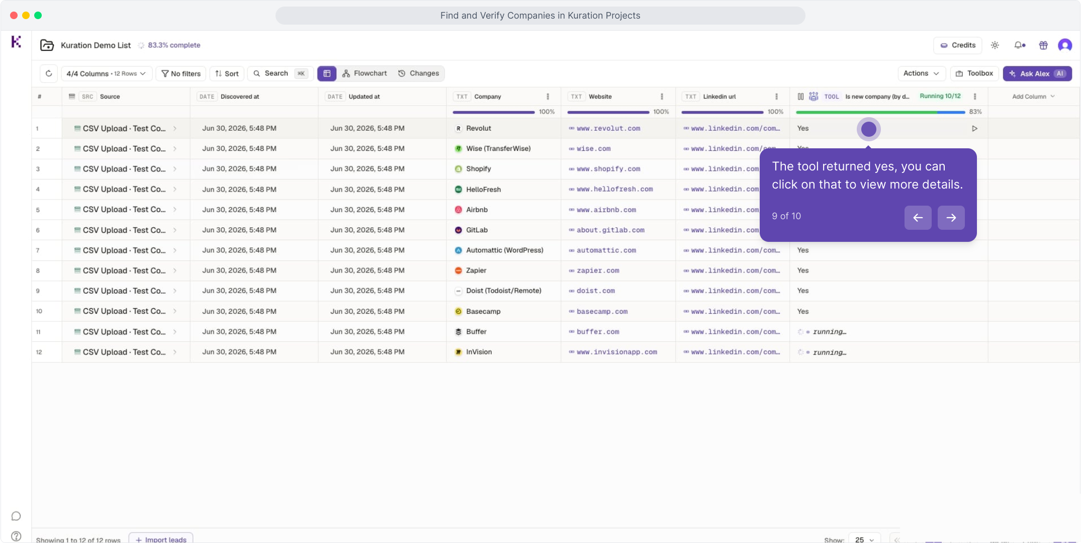 Tool results showing Yes values in the new column