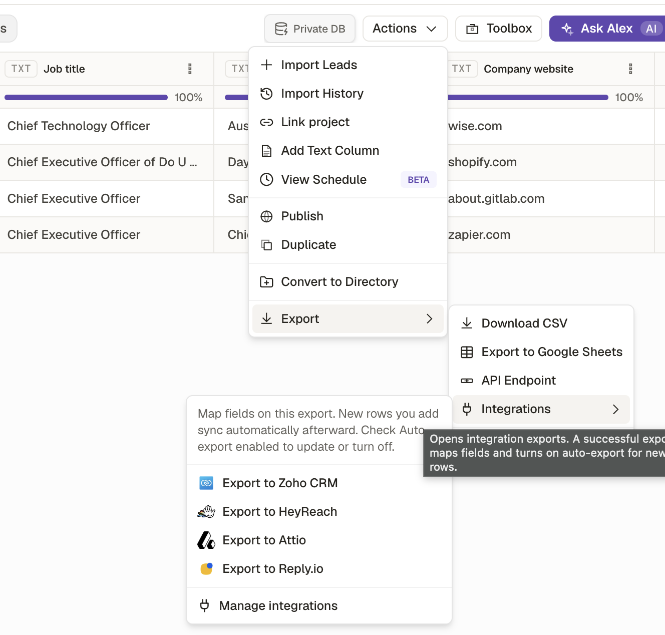 Actions menu with Export submenu and integration options