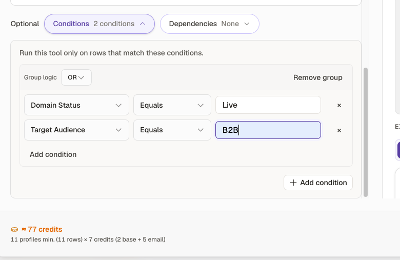 Find People conditions panel with website and domain status rules
