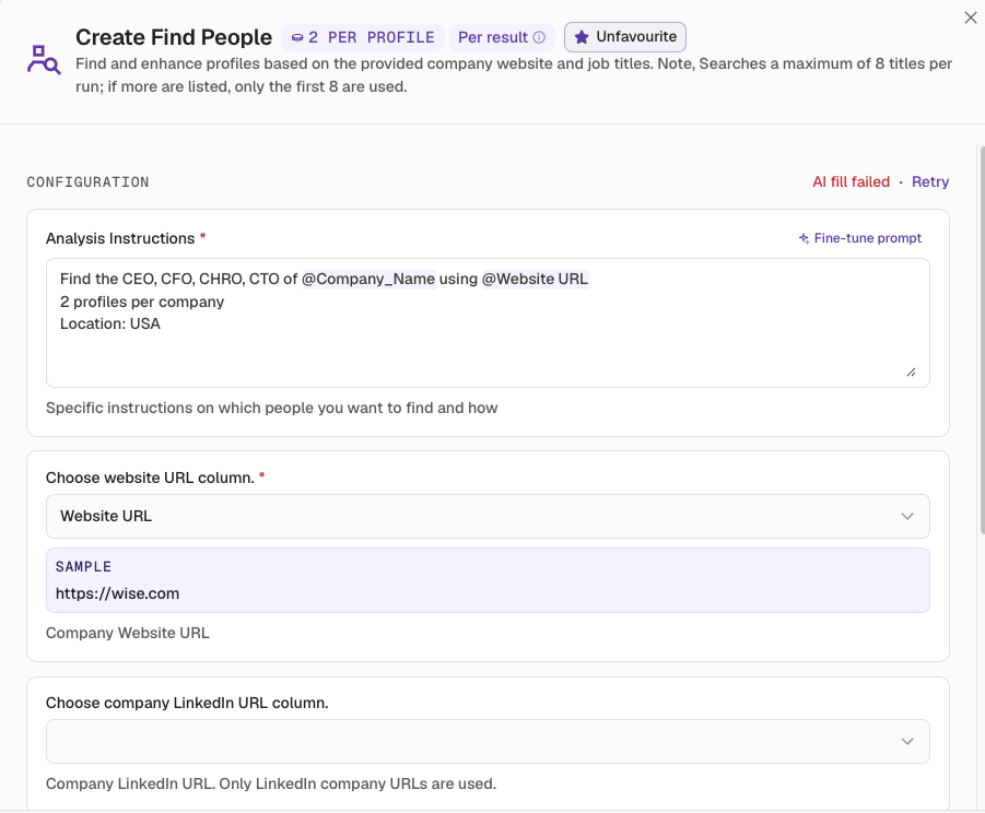 Create Find People tool configuration with credit cost