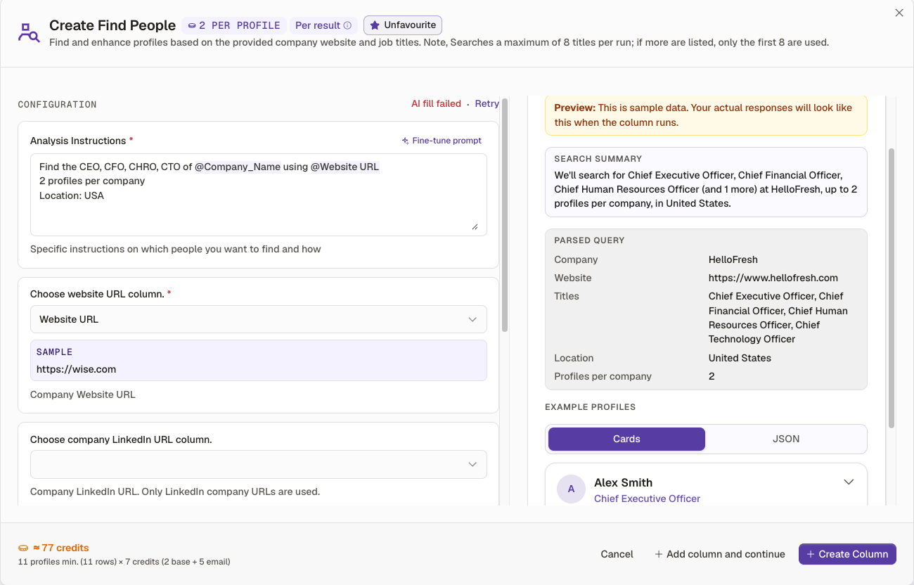 Response preview showing sample People Finder output