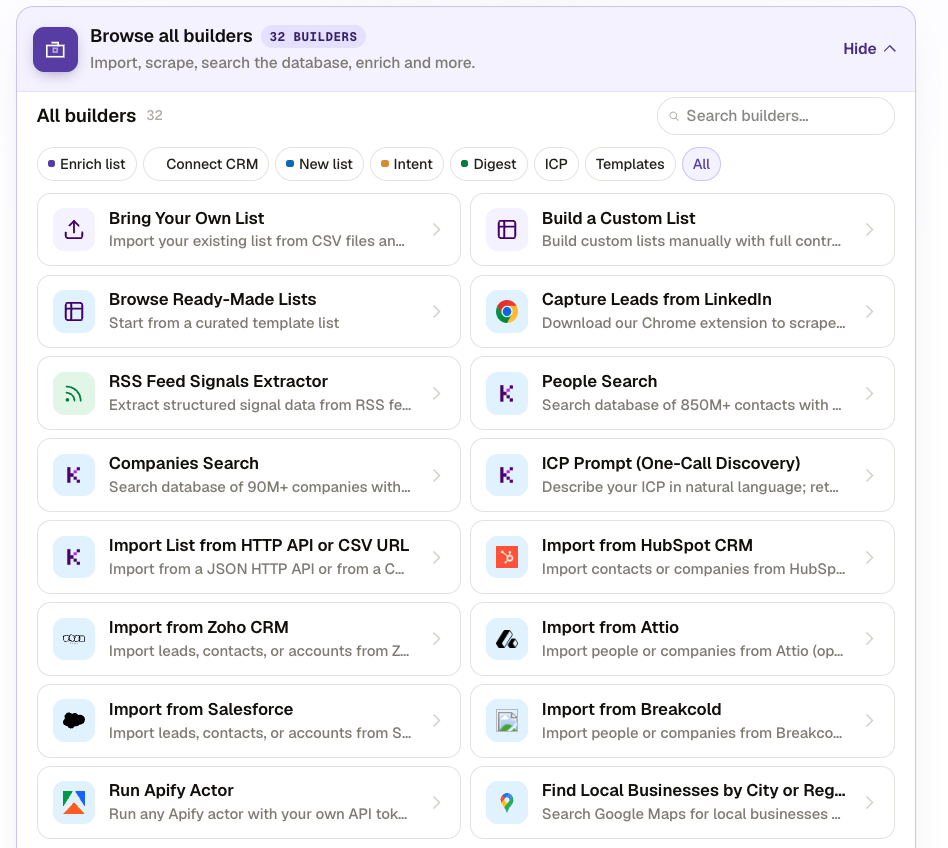 Kuration AI new list builder — browse all 32 builders