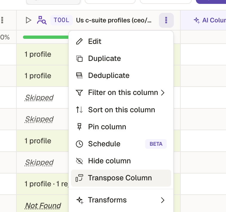 Column three-dot menu with Transpose Column highlighted