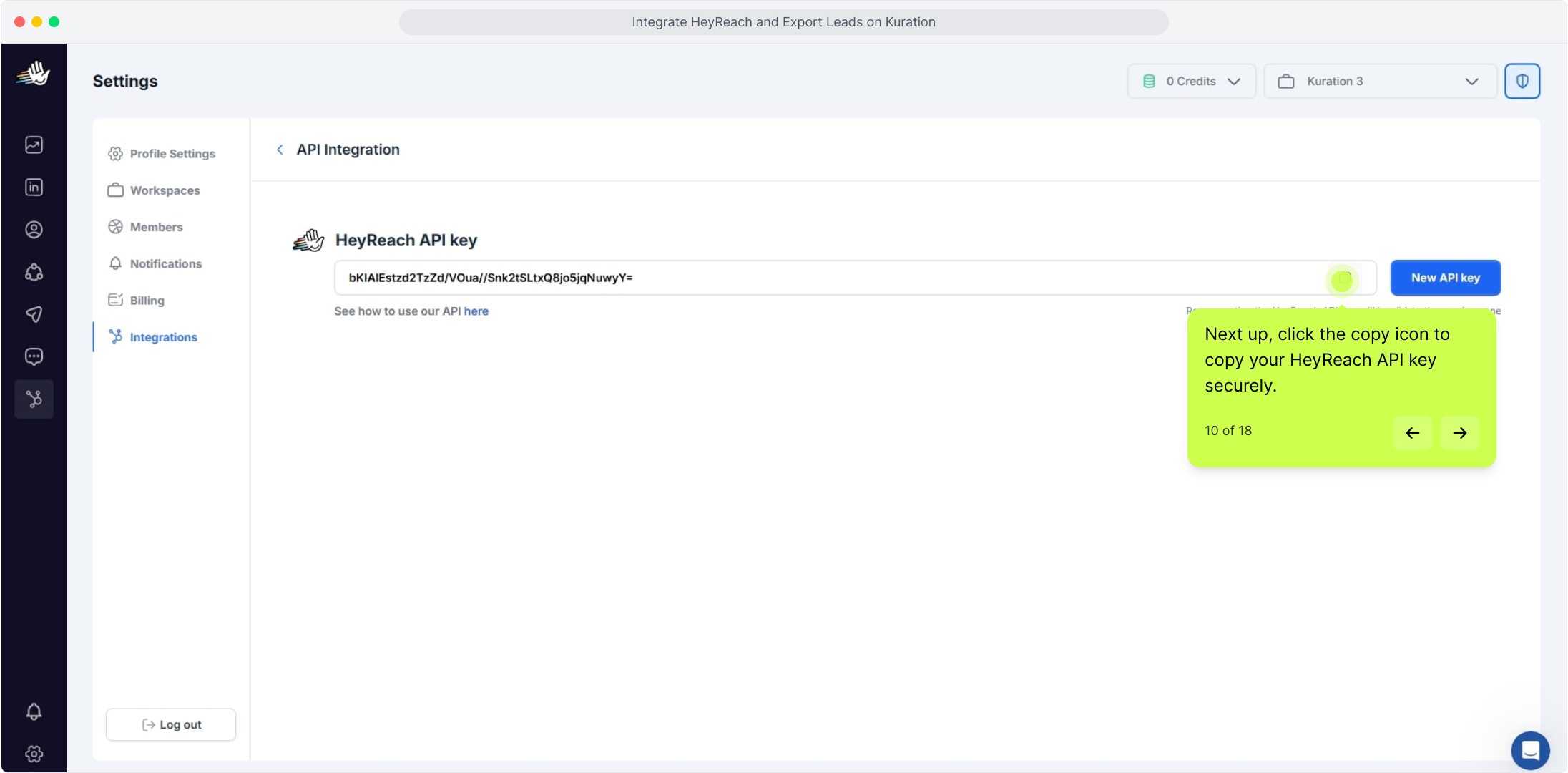 HeyReach API key field with the copy icon highlighted