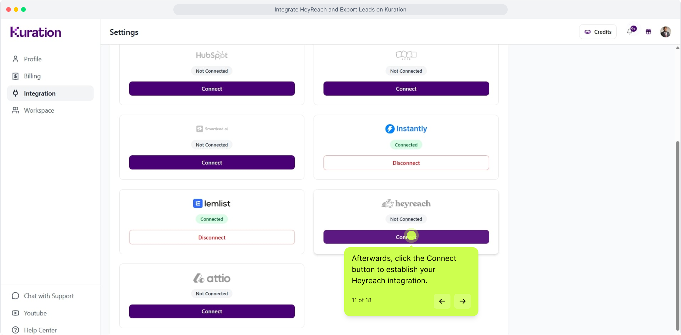 Integration settings with the HeyReach Connect button highlighted