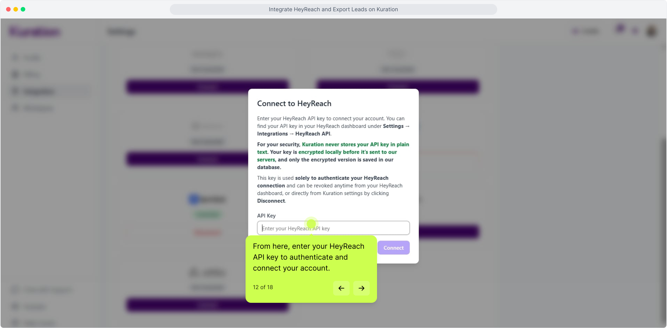 Connect to HeyReach dialog with the API Key field focused