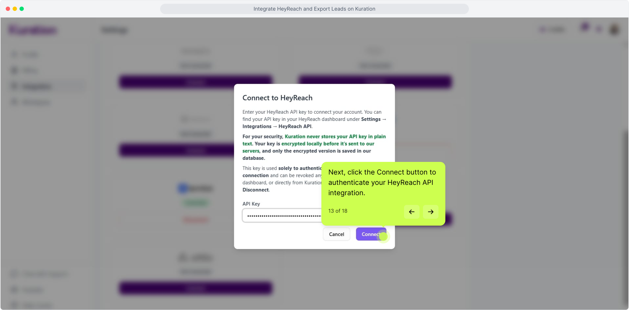 Connect to HeyReach dialog with the key pasted and Connect highlighted