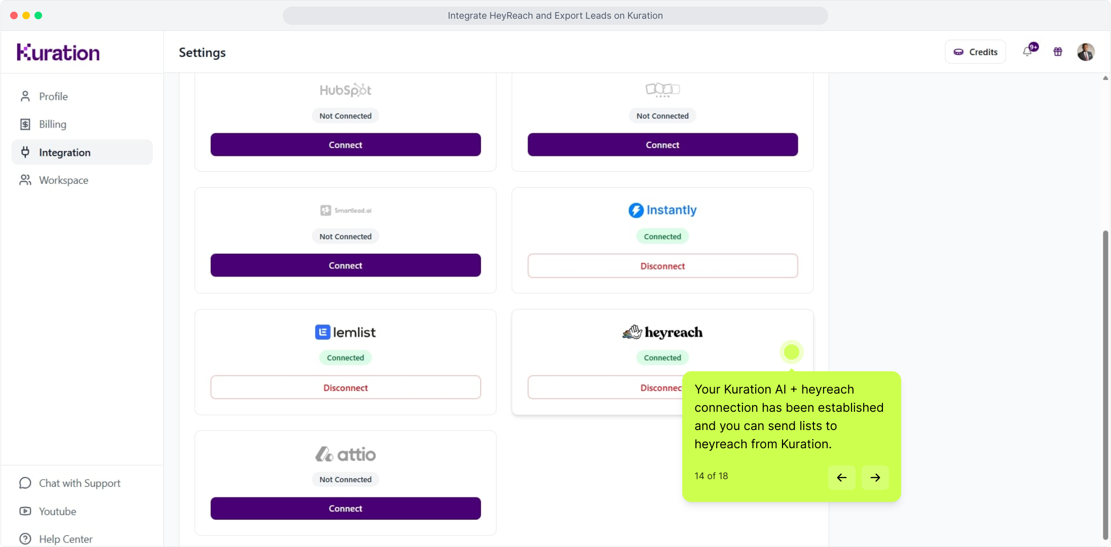 Integration settings showing HeyReach as Connected