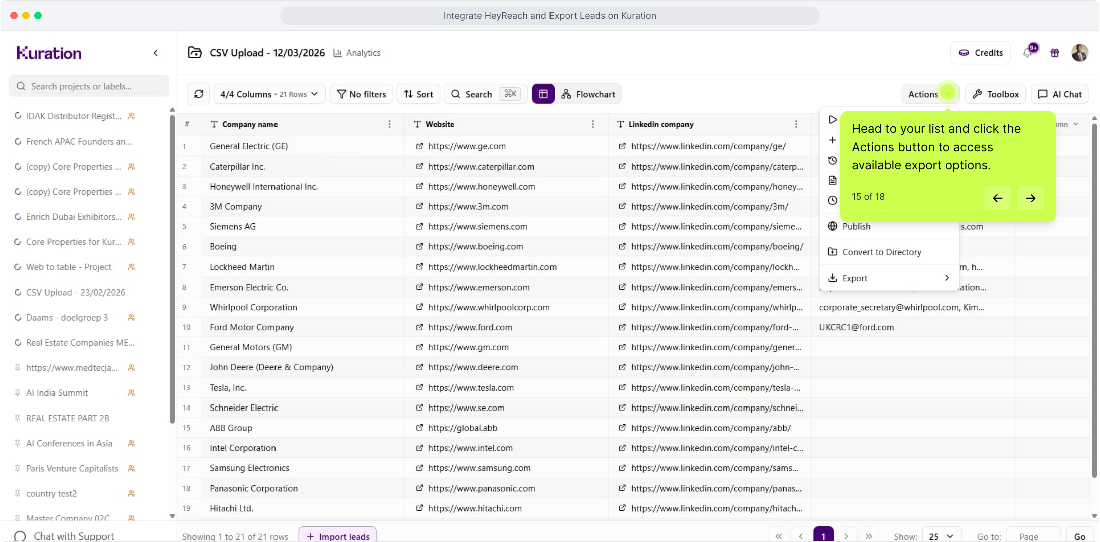 List toolbar with the Actions menu open