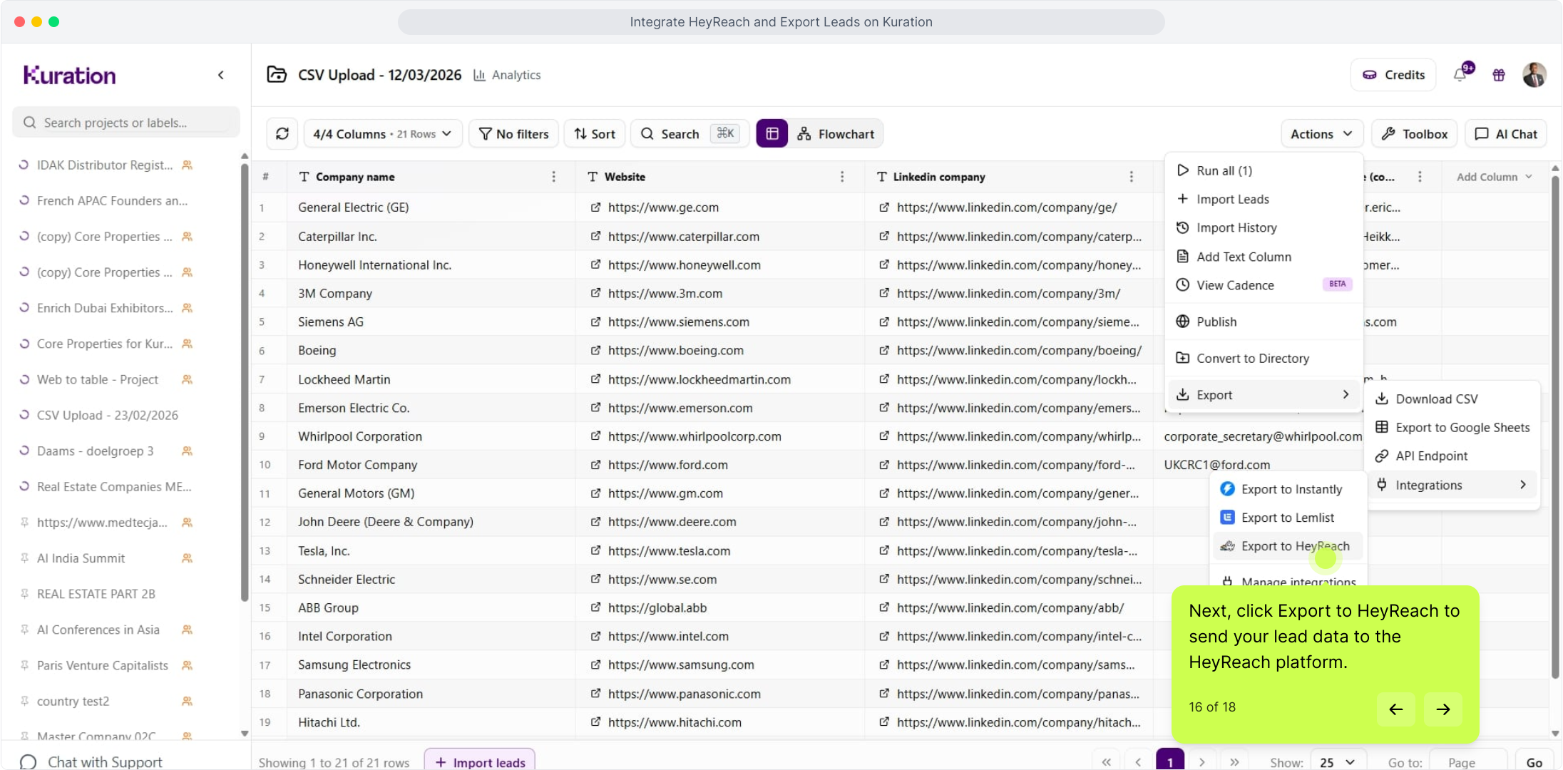 Export submenu with Export to HeyReach highlighted