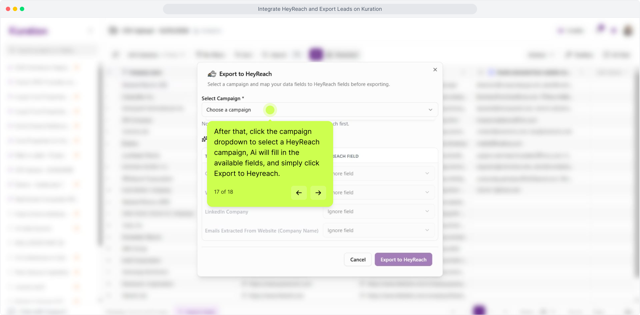 Export to HeyReach dialog with the campaign dropdown highlighted