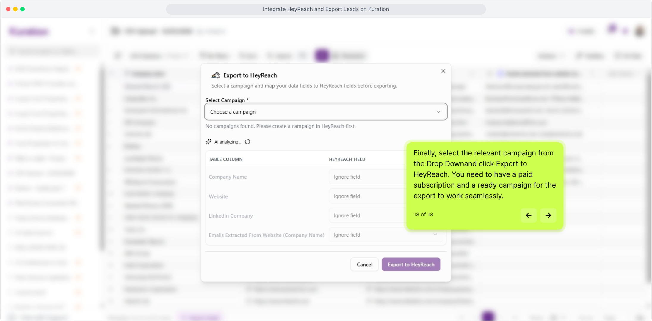 Export to HeyReach dialog with the campaign dropdown and Export button