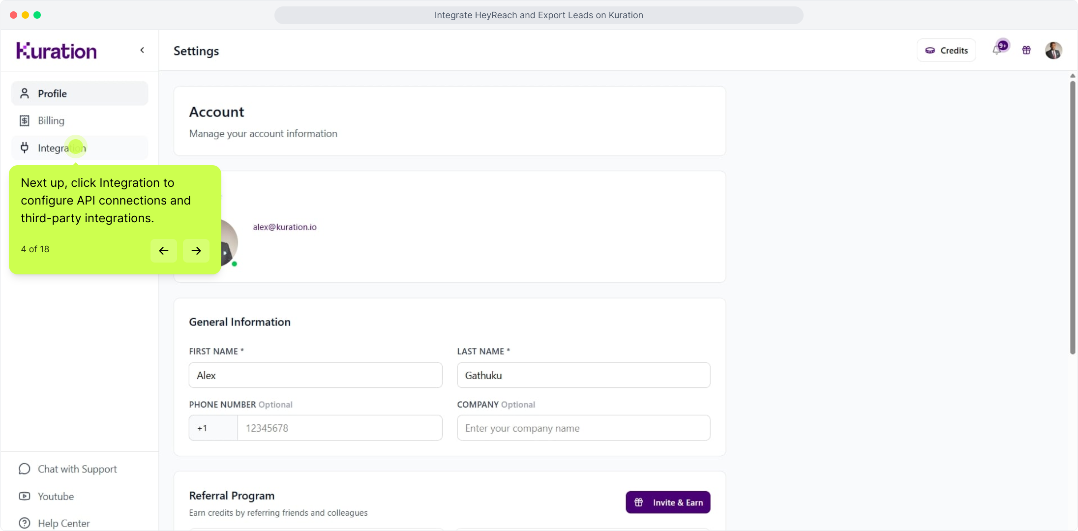 Settings sidebar with Integration highlighted