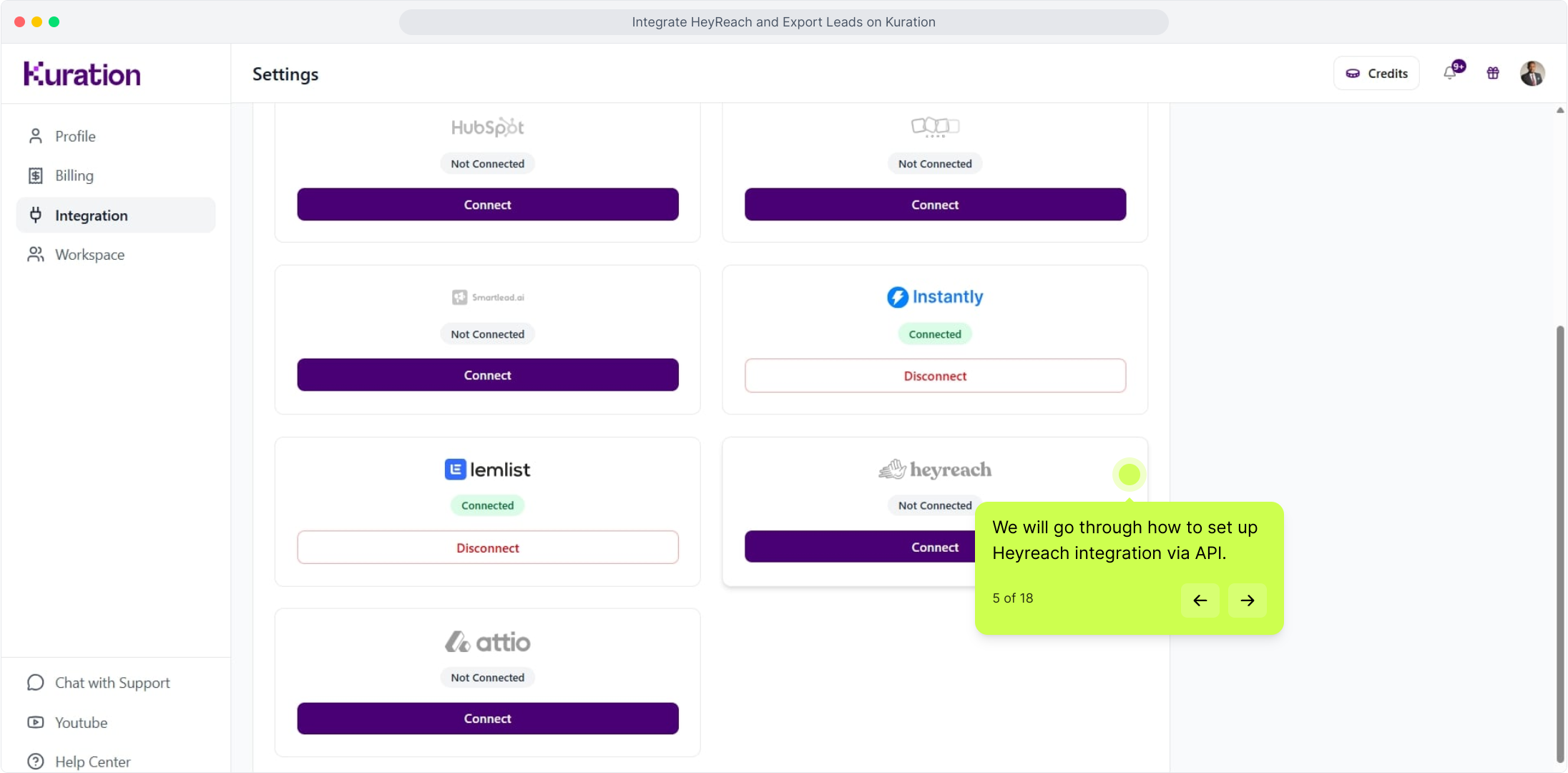 Integration settings with the HeyReach card not yet connected