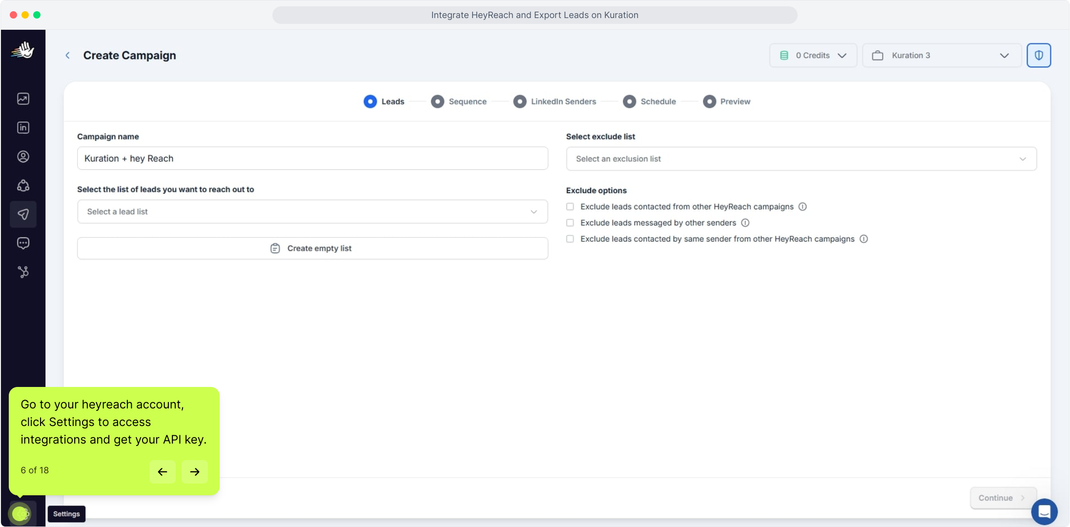 HeyReach dashboard with the Settings menu open