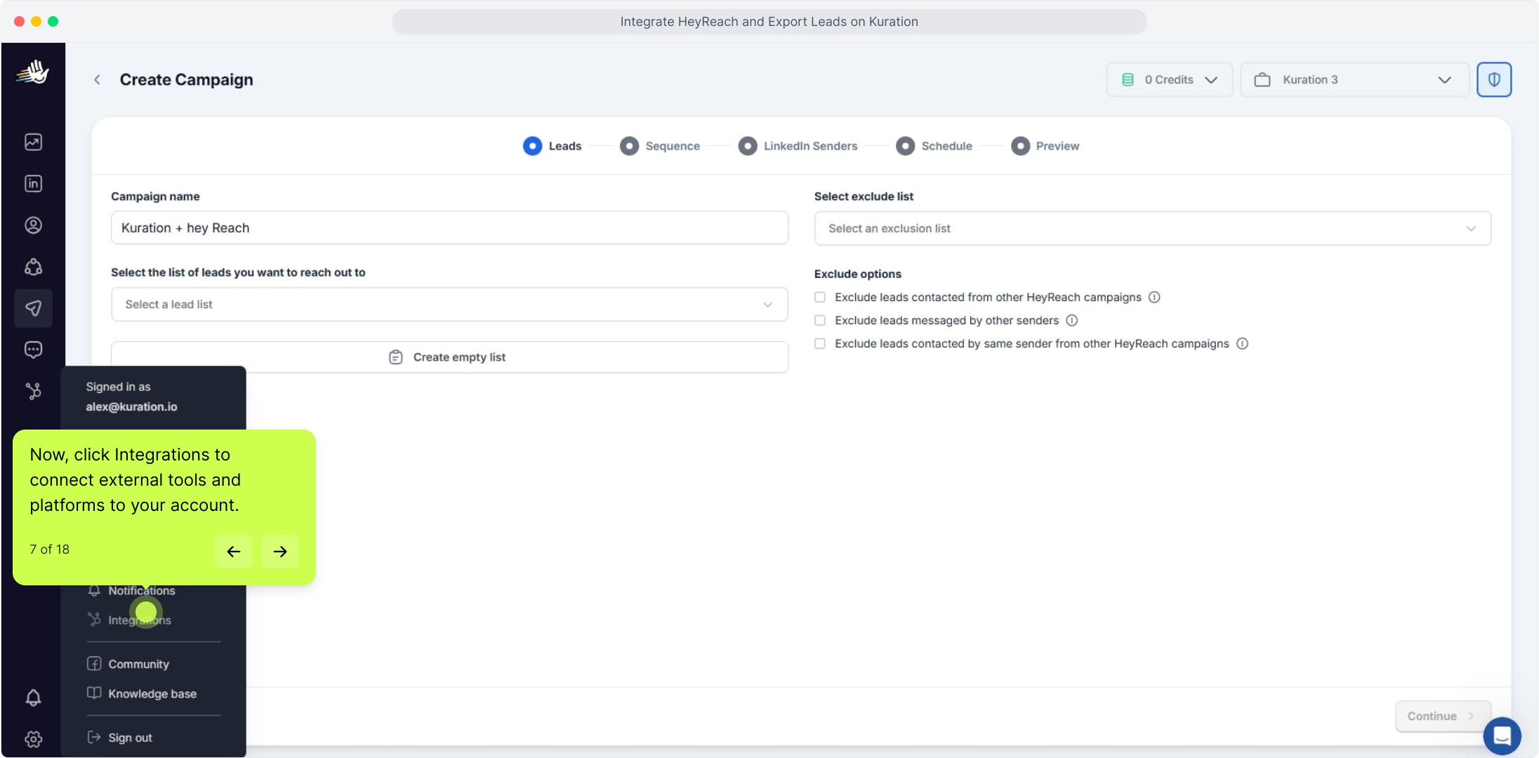 HeyReach settings menu with Integrations highlighted