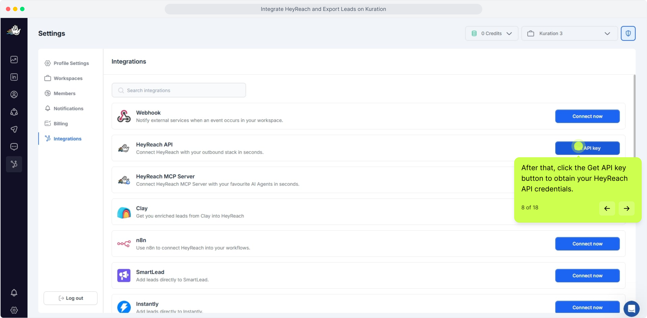 HeyReach Integrations list with the HeyReach API Get API key button highlighted