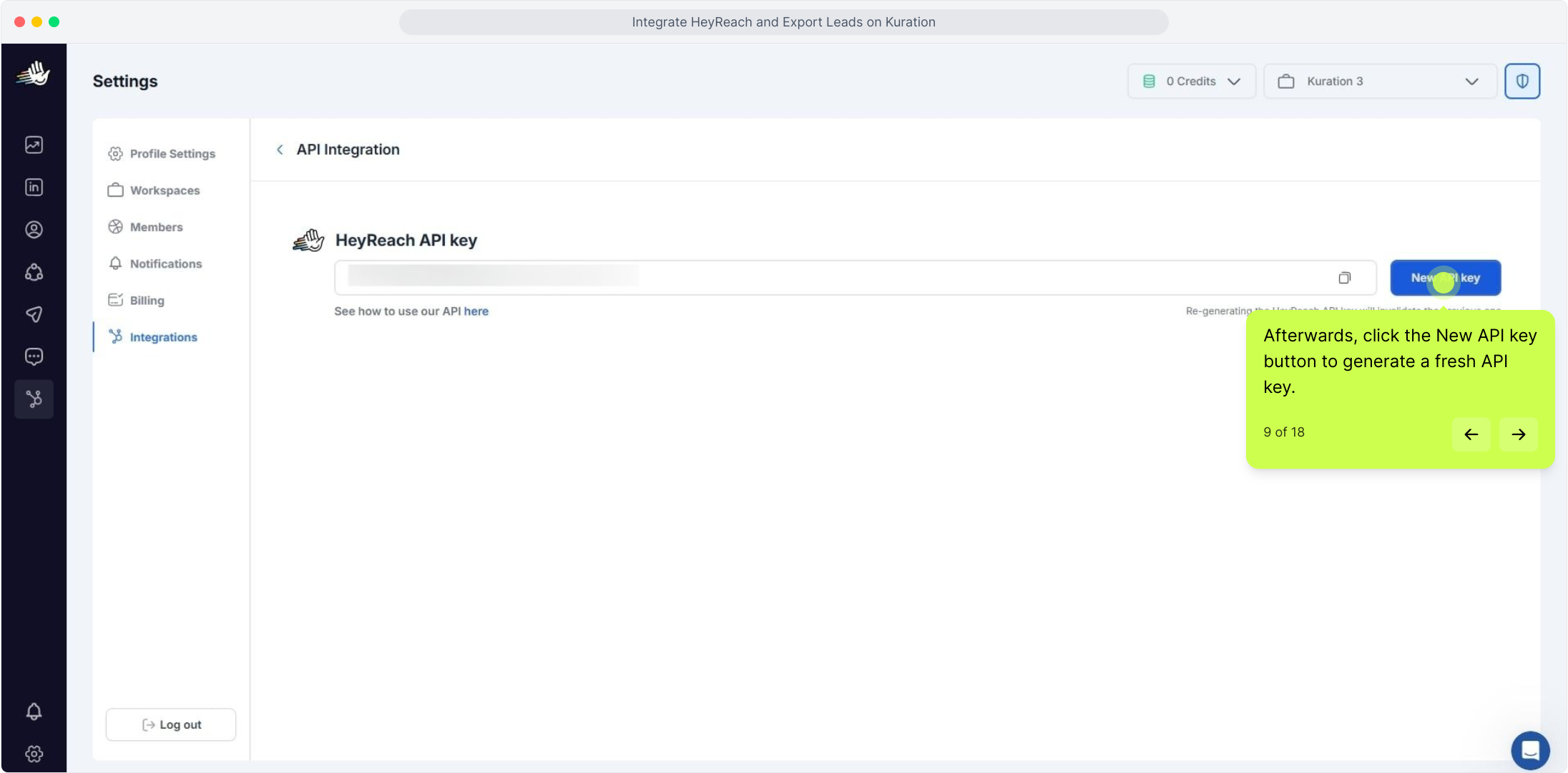 HeyReach API Integration page with the New API key button highlighted