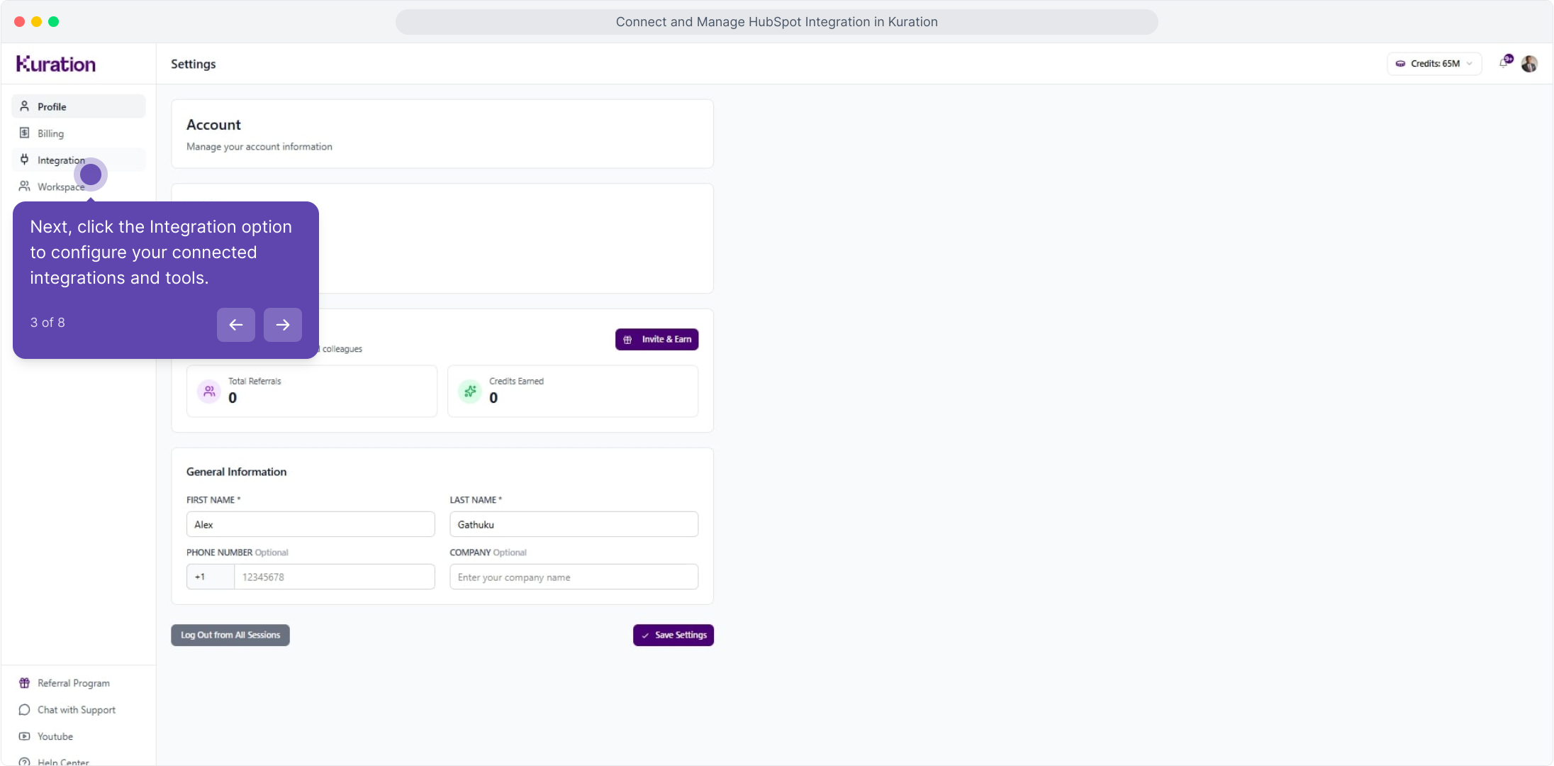 Kuration settings sidebar with Integration highlighted