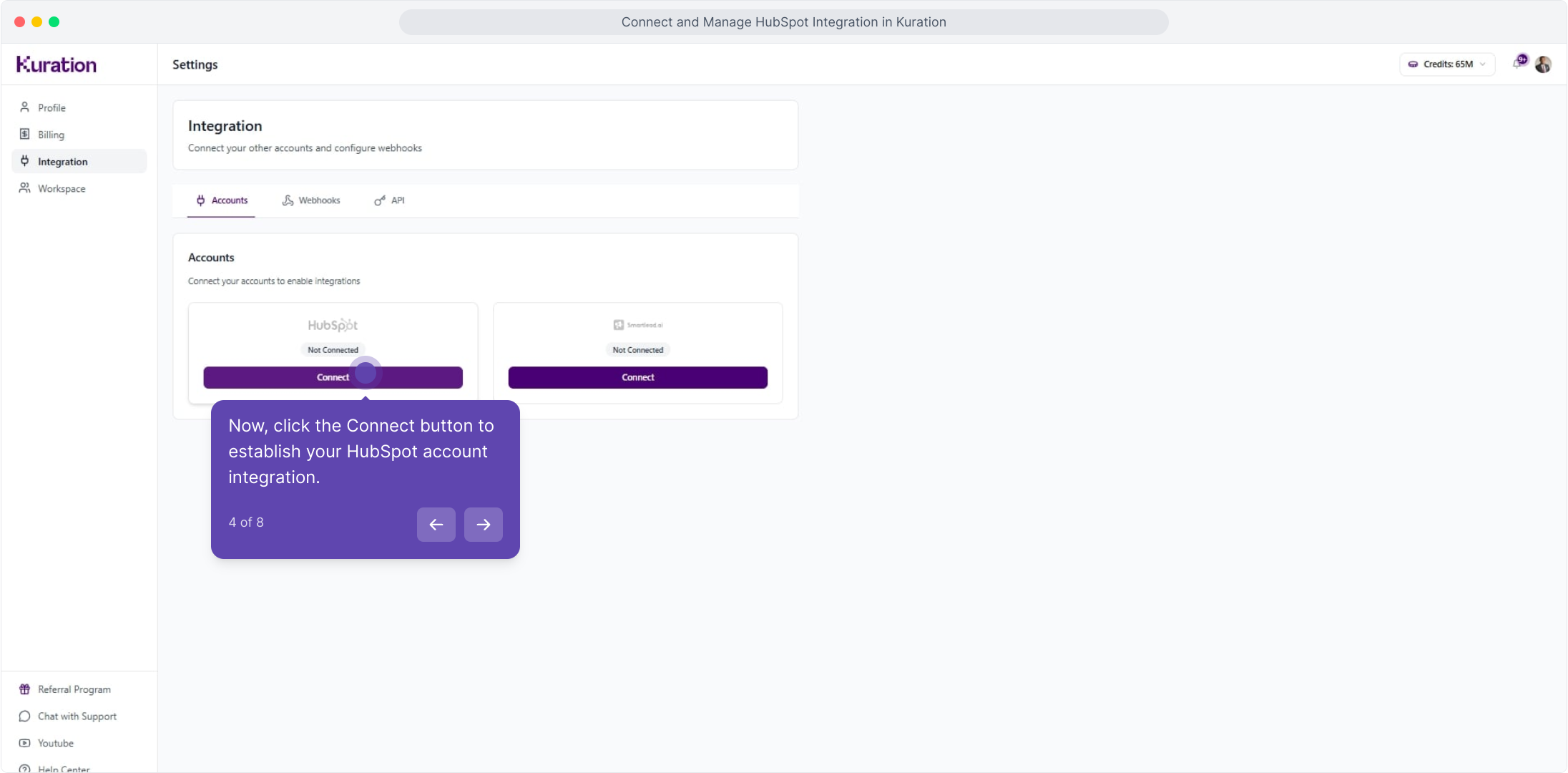 Integration settings with the HubSpot Connect button highlighted