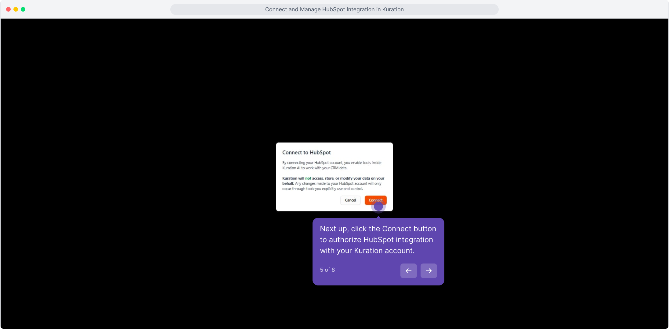 Connect to HubSpot dialog with the Connect button highlighted