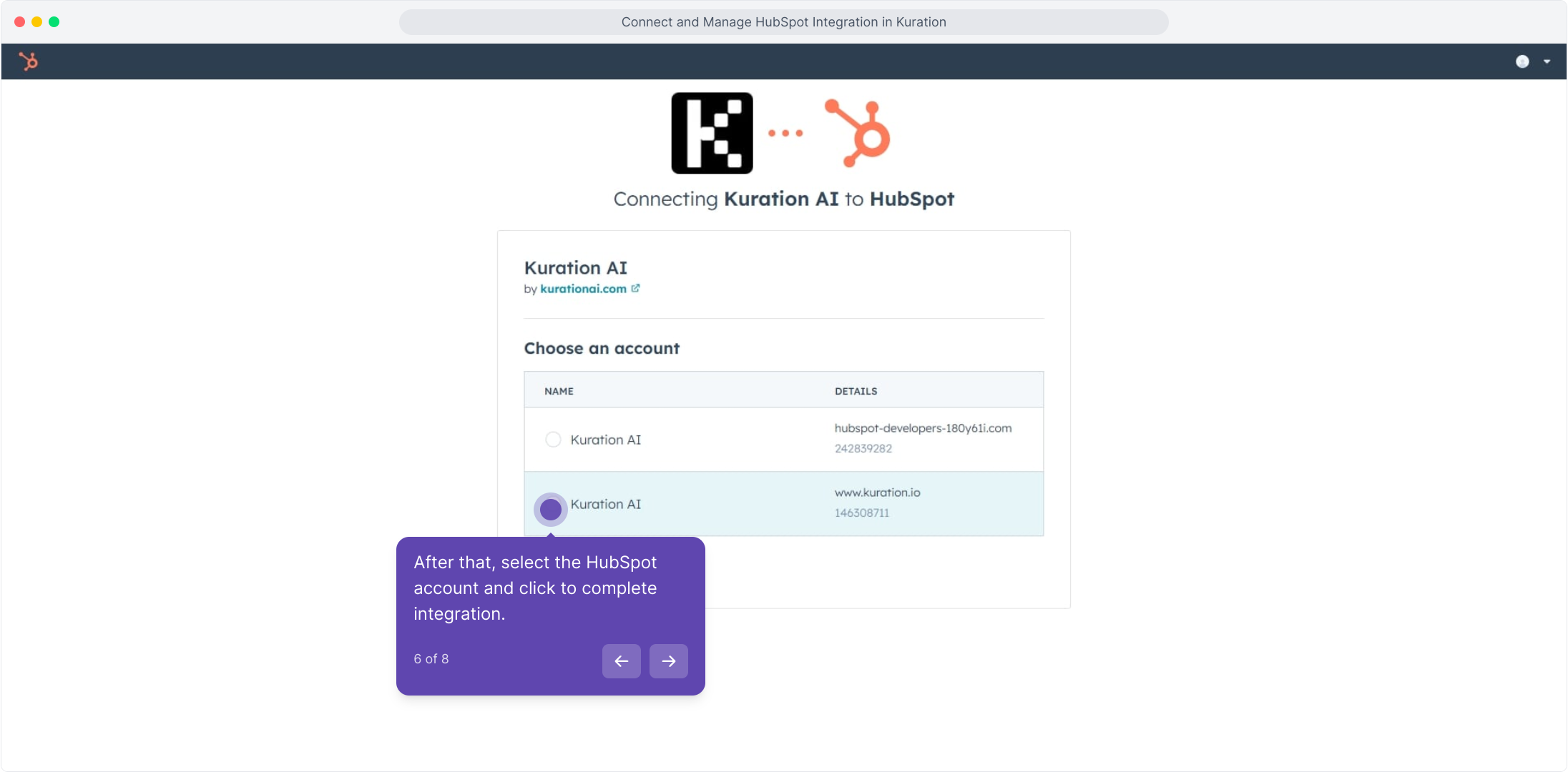 HubSpot account chooser with an account selected