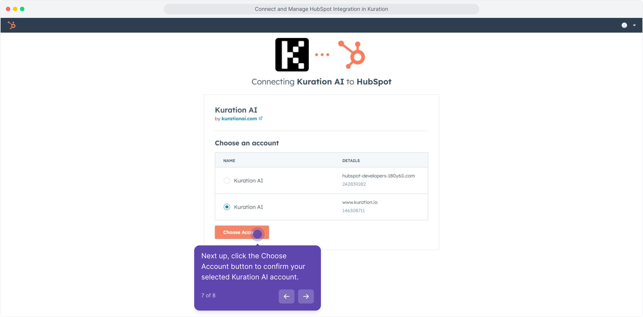 HubSpot account chooser with the Choose Account button highlighted