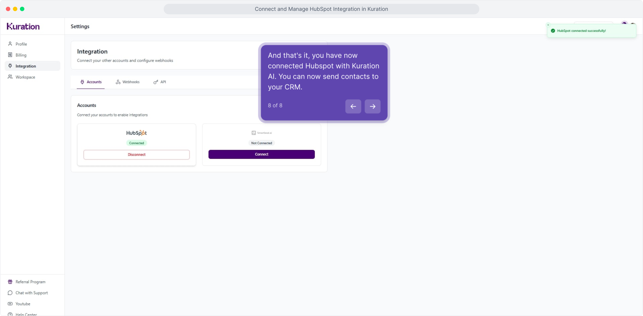 Kuration Integration settings showing HubSpot connected