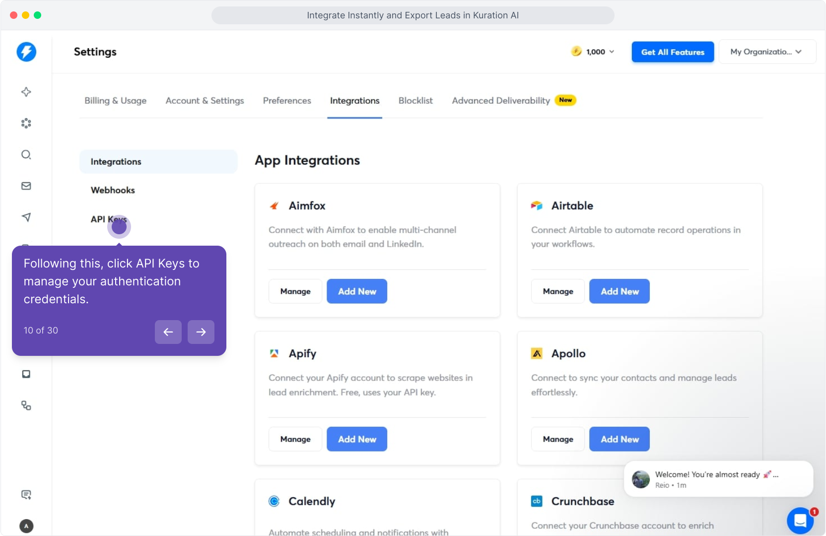 Instantly Integrations page with API Keys highlighted
