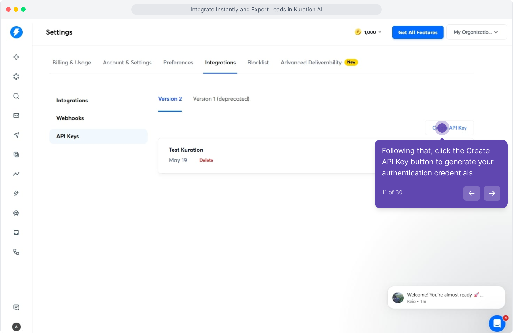 API Keys page with the Create API Key button highlighted