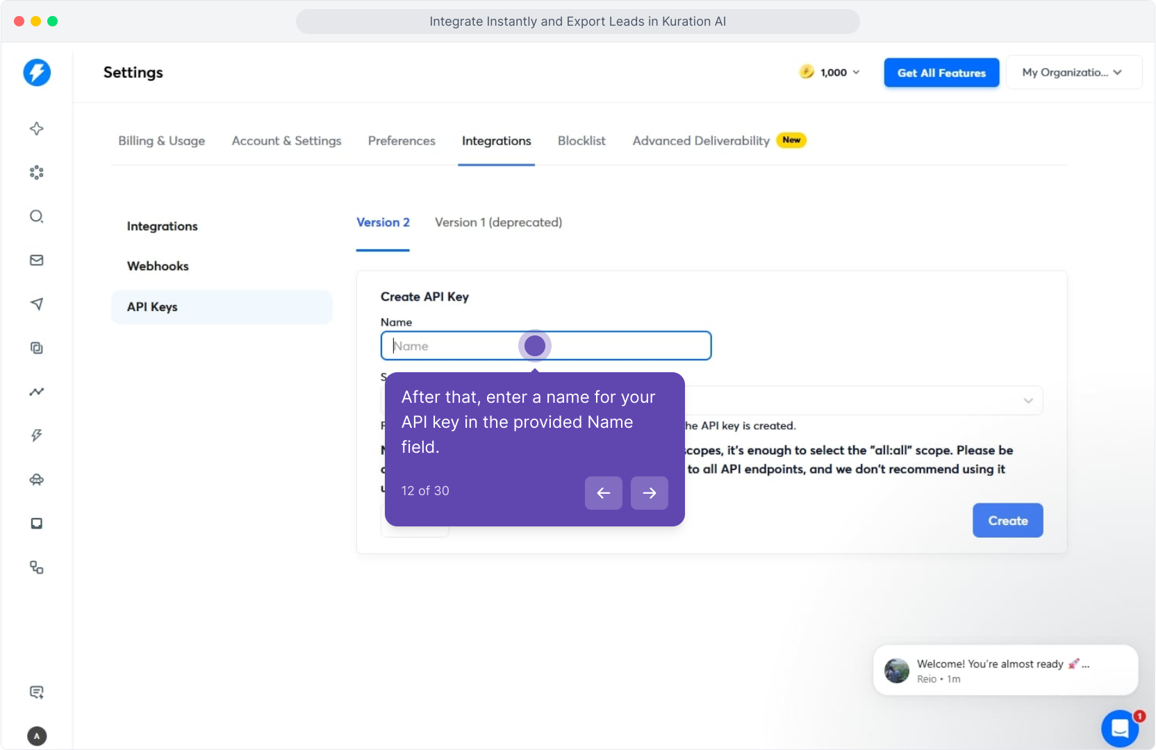 Create API Key form with the Name field focused