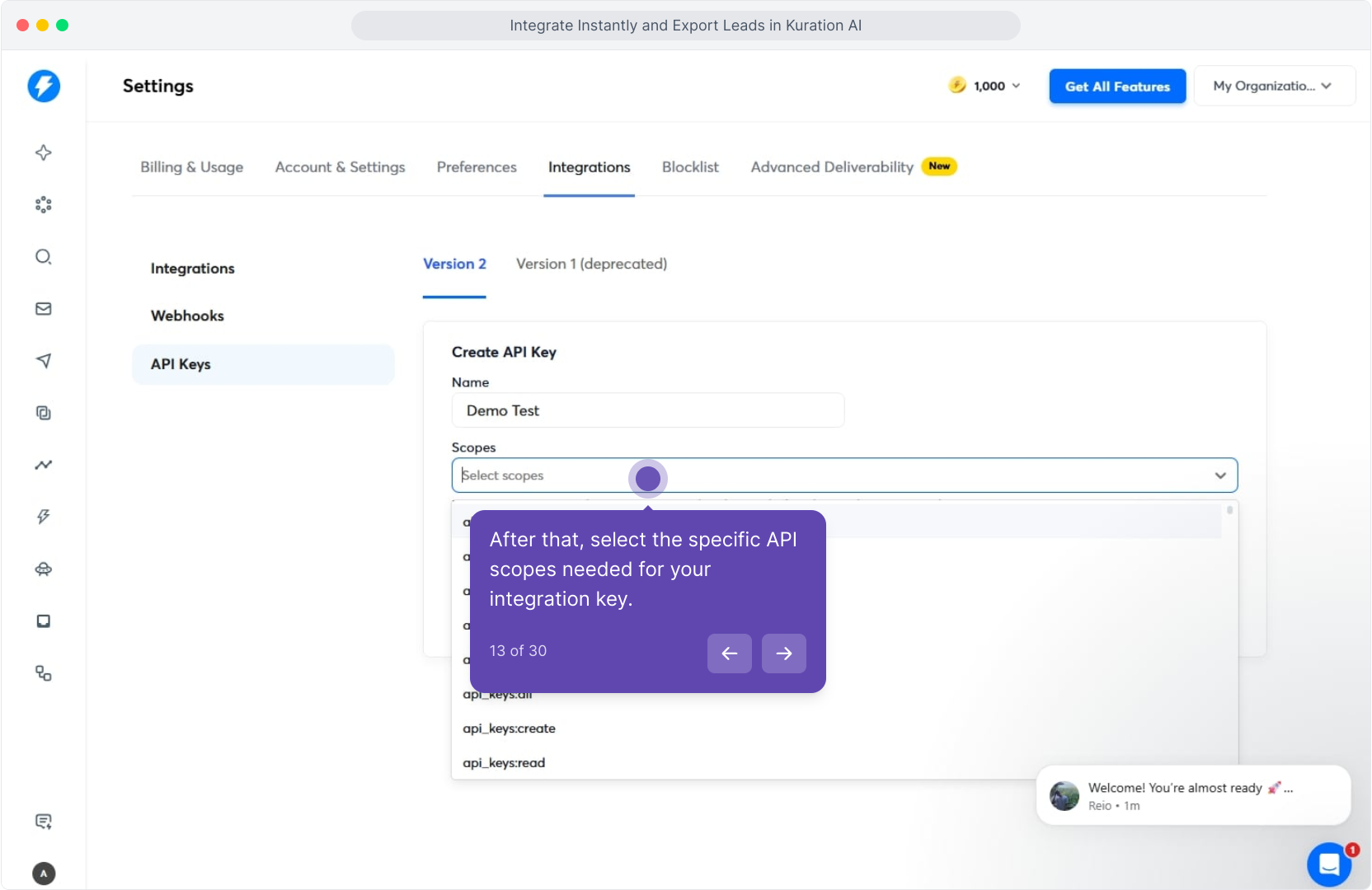 Create API Key form with the Scopes dropdown open