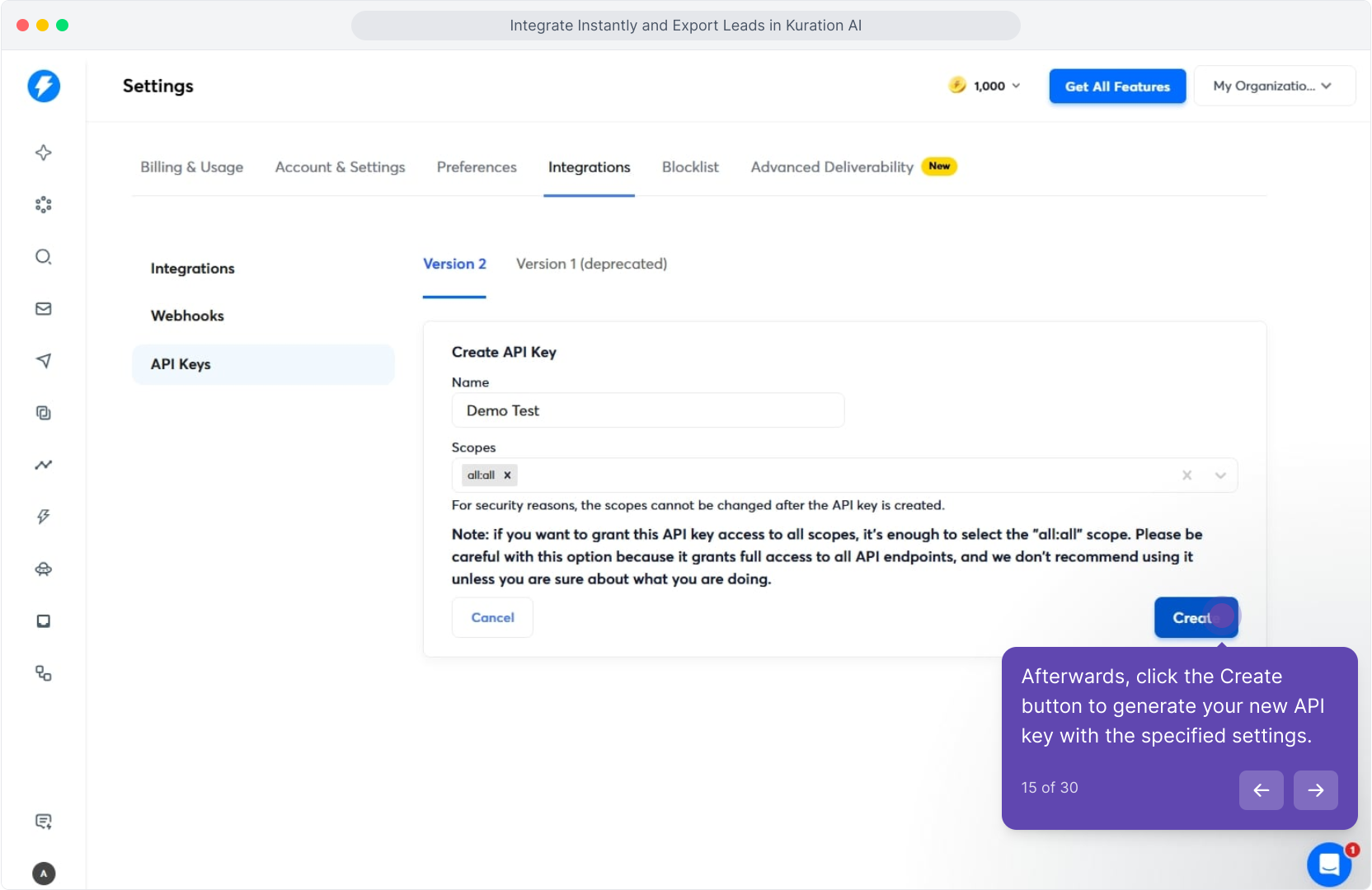 Create API Key form filled in with the Create button highlighted