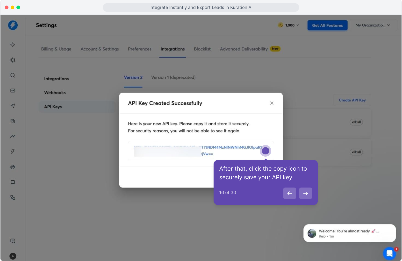 API Key Created Successfully dialog with the copy icon highlighted