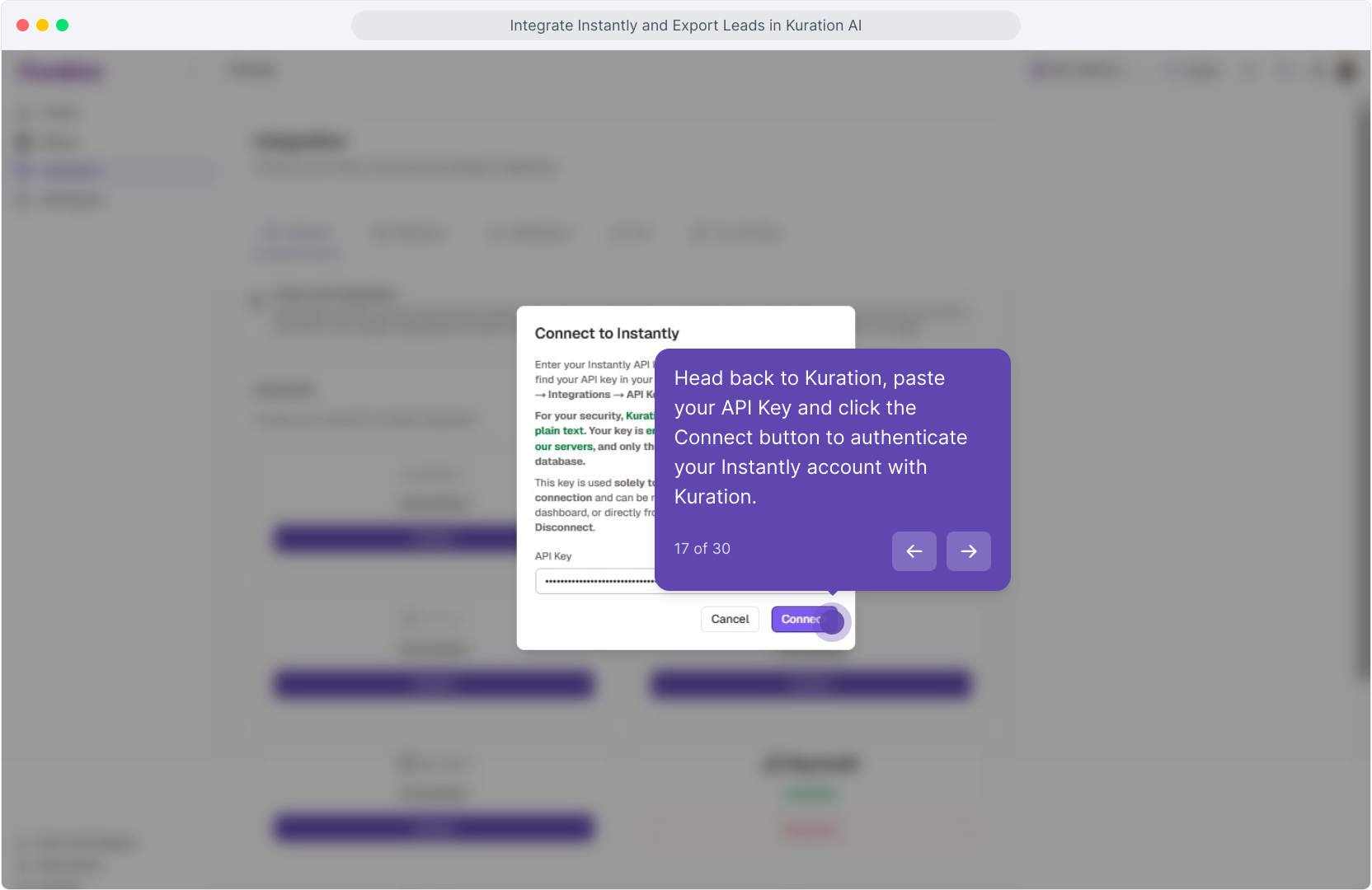 Connect to Instantly dialog with the key pasted and Connect highlighted