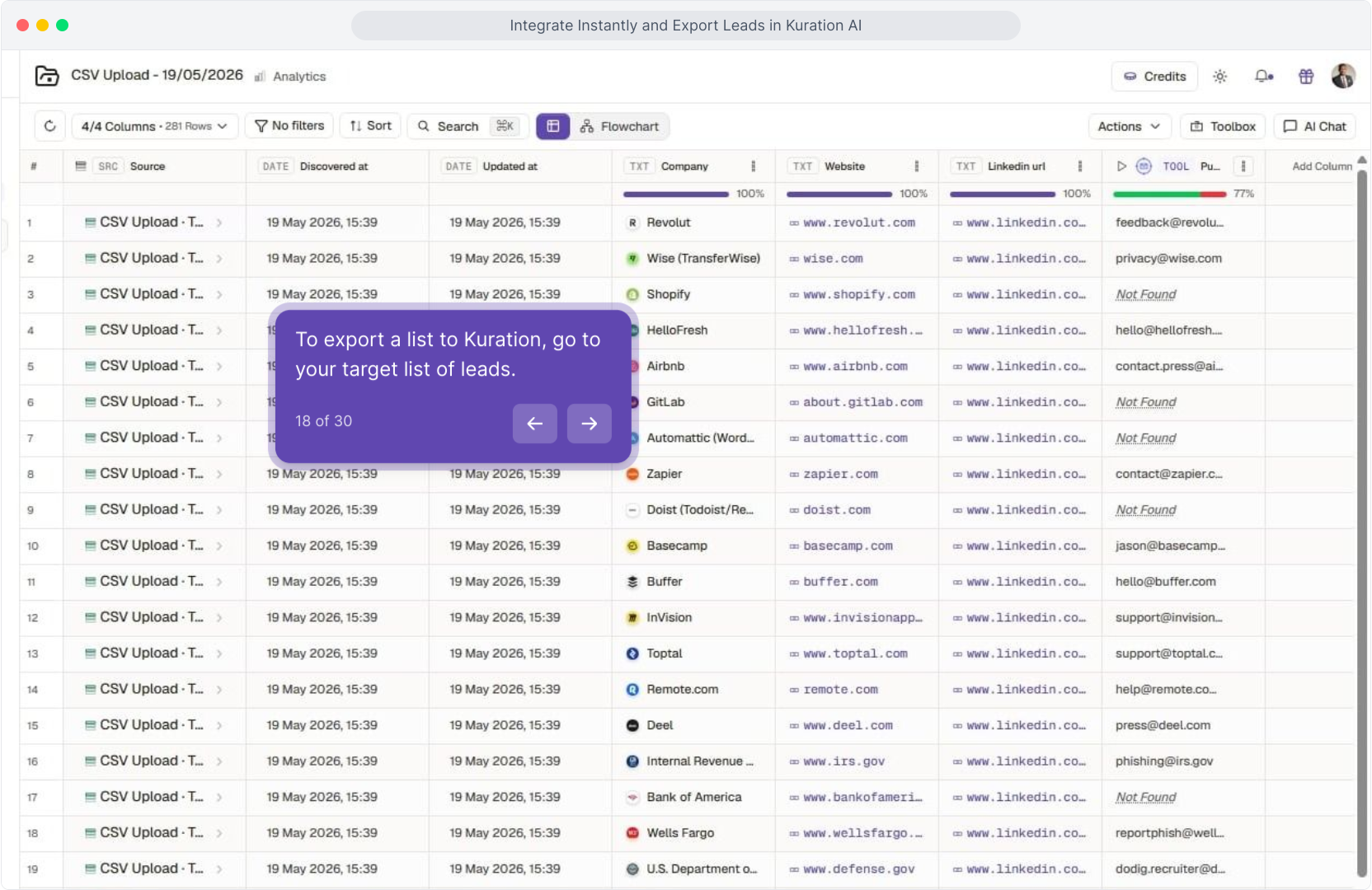 A Kuration list open in table view