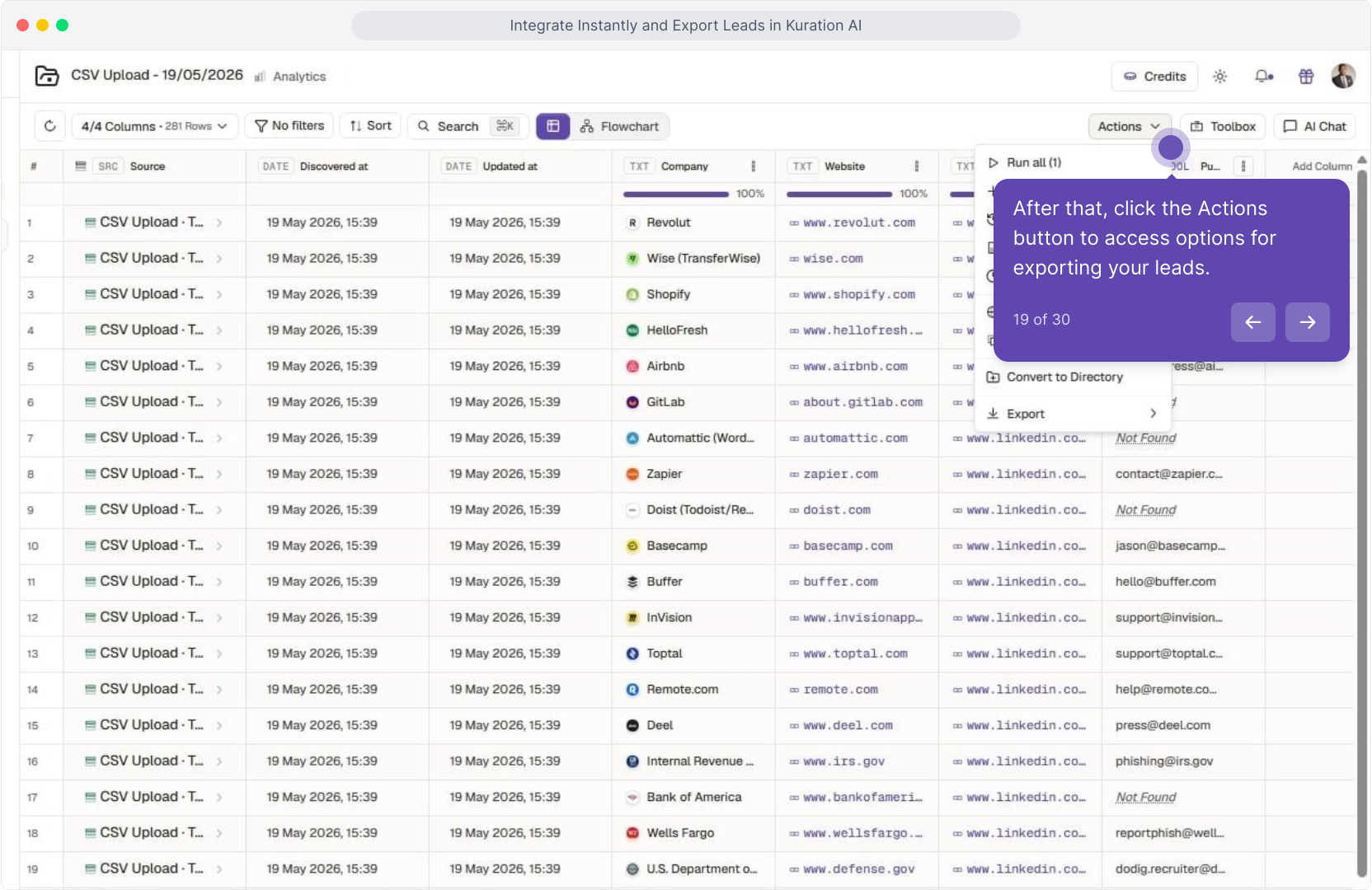 List toolbar with the Actions menu open
