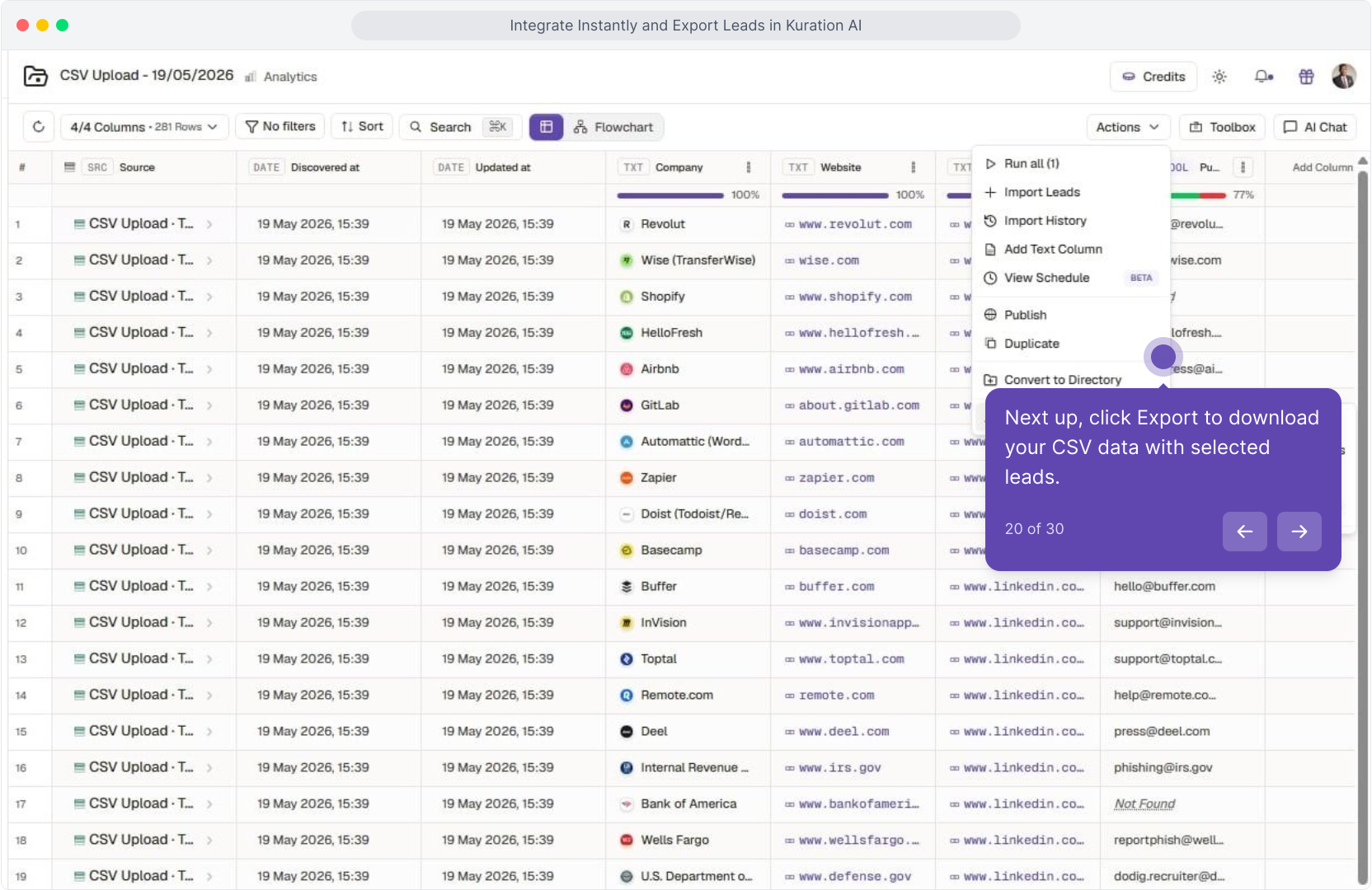 Actions menu with Export highlighted