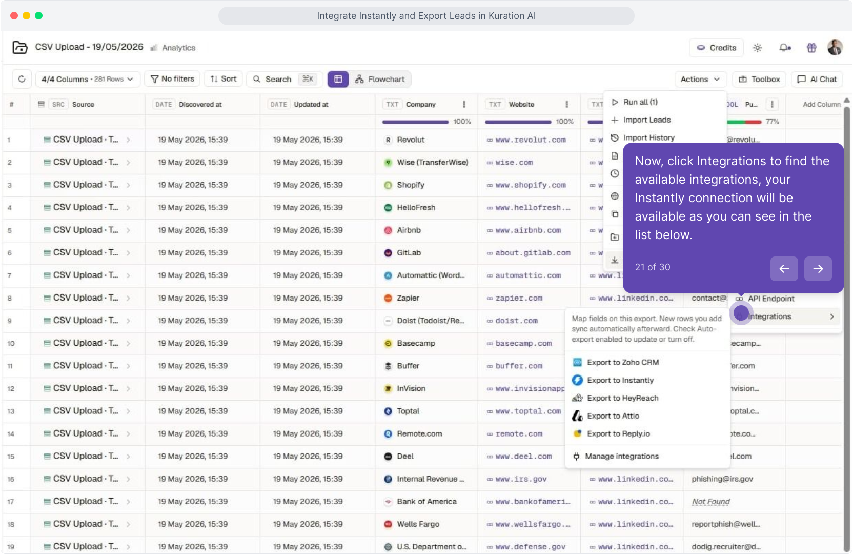 Export submenu with Integrations highlighted