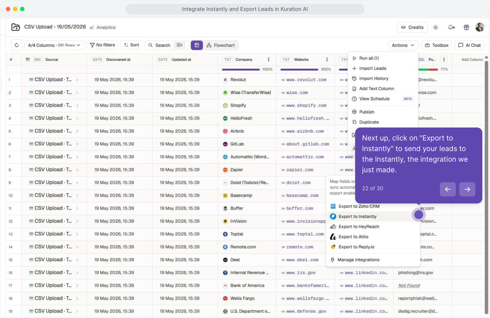 Integrations submenu with Export to Instantly highlighted