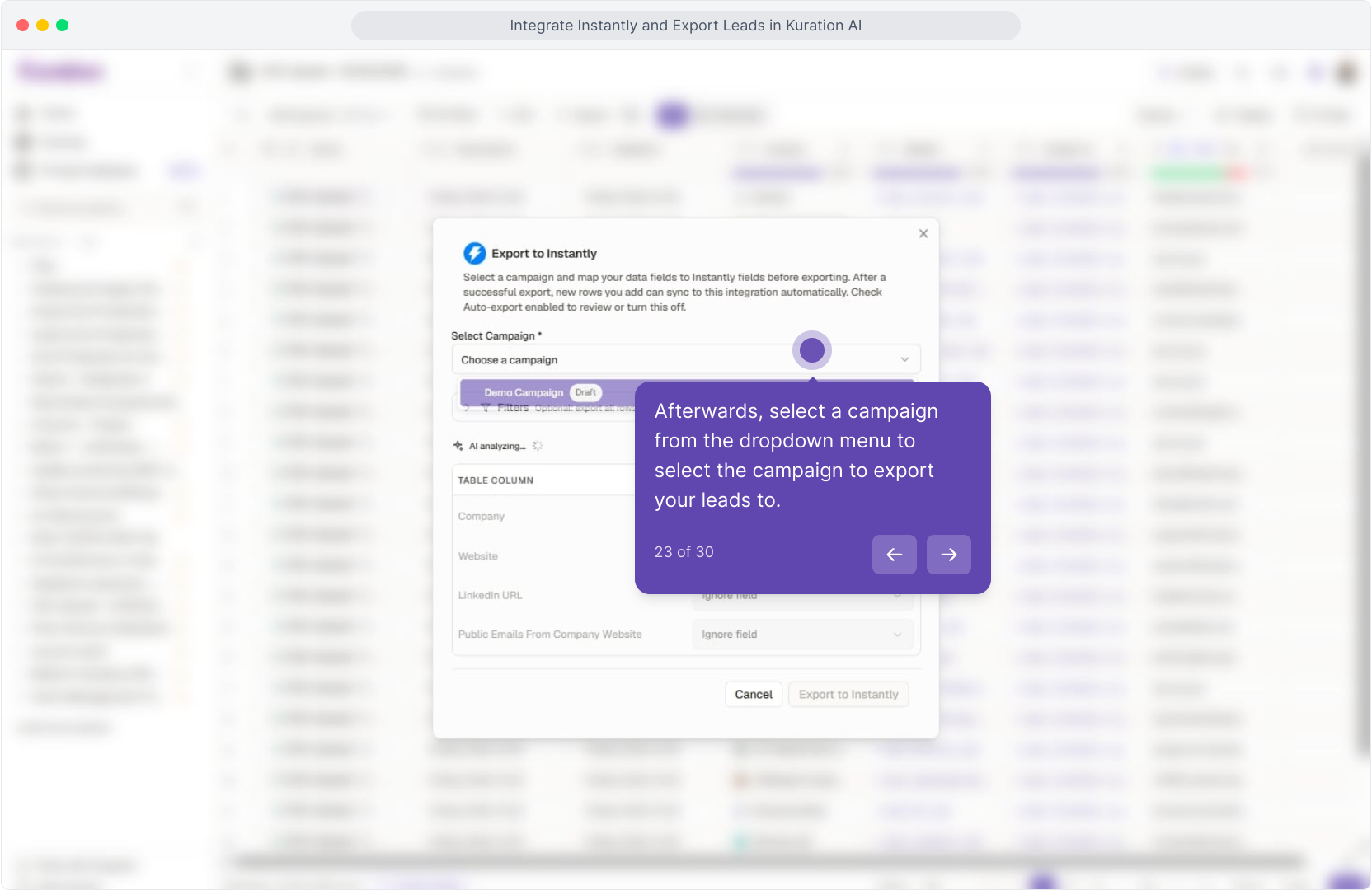 Export to Instantly dialog with the campaign dropdown open