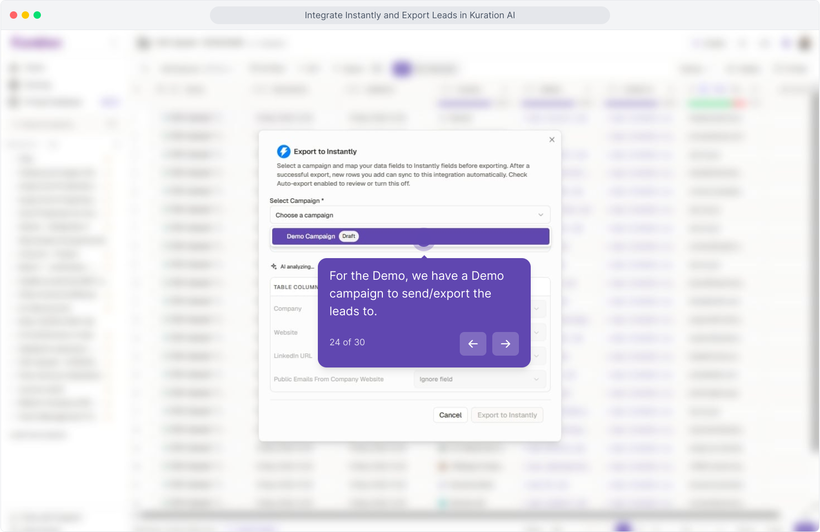 Export to Instantly dialog with Demo Campaign selected