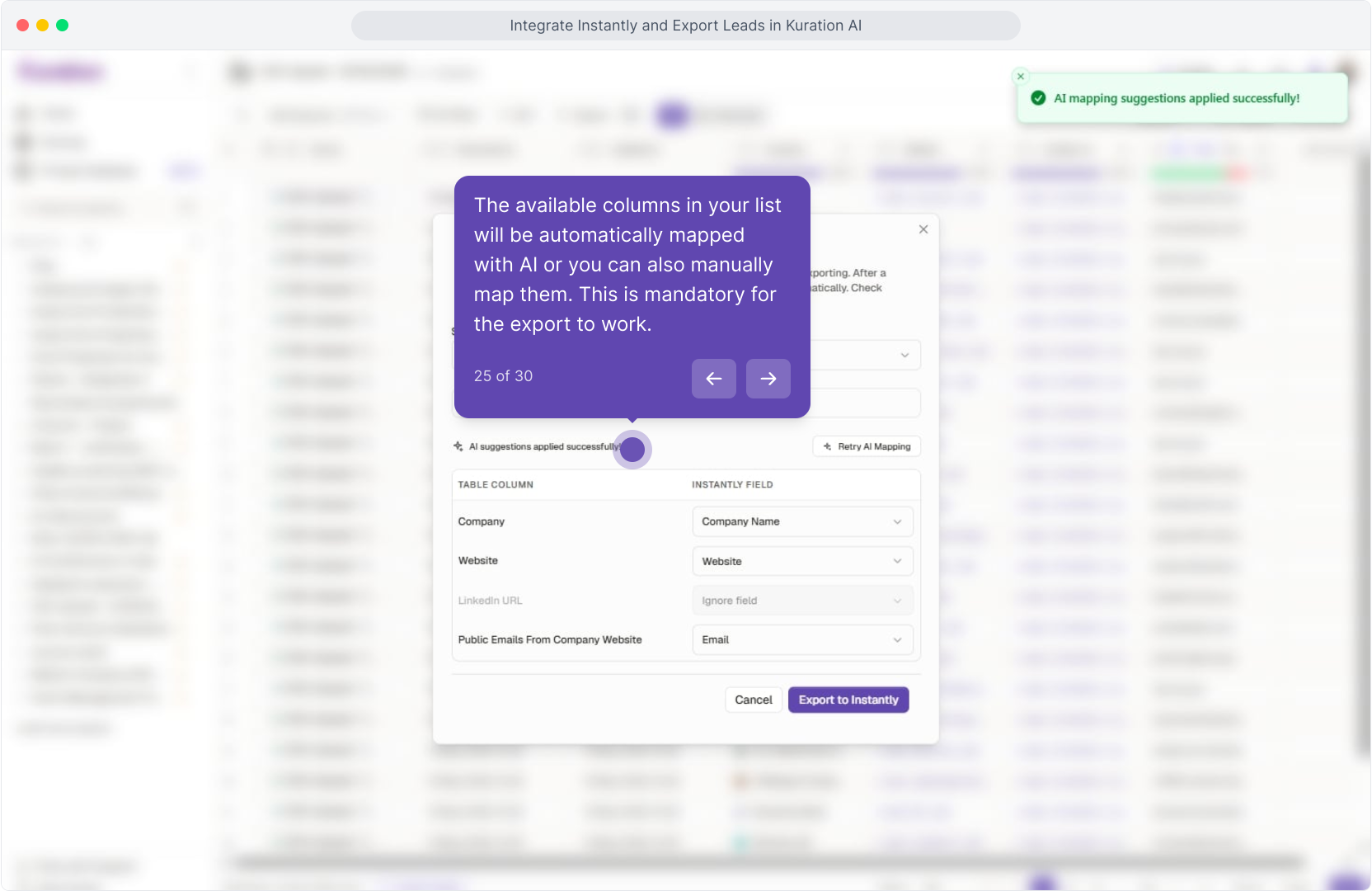 Export to Instantly dialog showing AI mapping suggestions applied