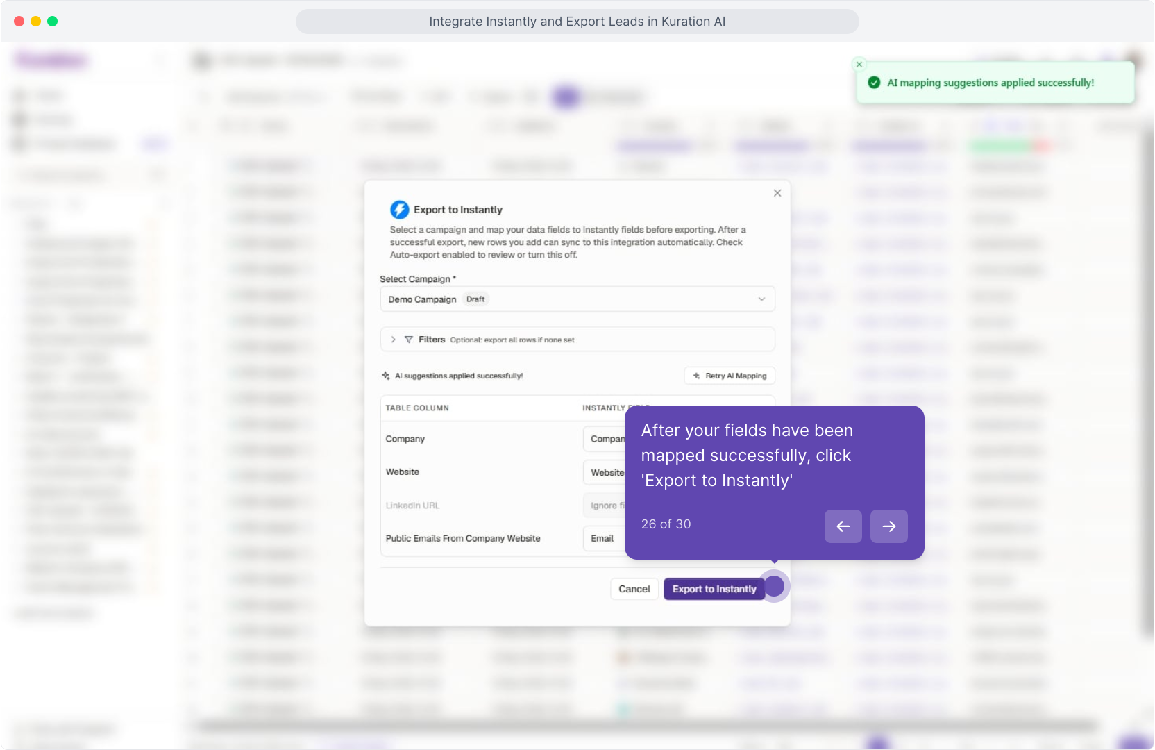 Export to Instantly dialog with the Export button highlighted
