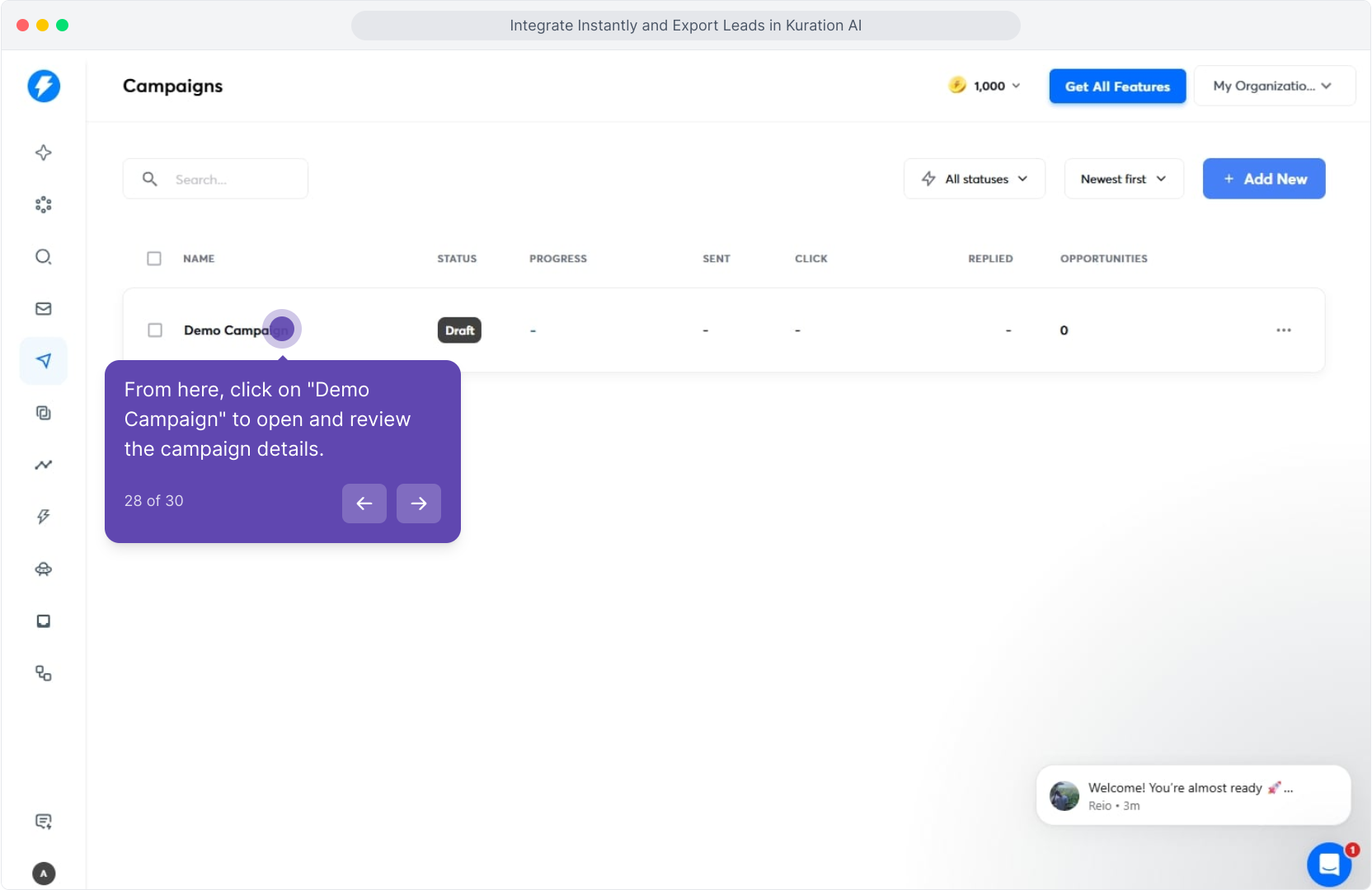 Instantly Campaigns list with Demo Campaign highlighted