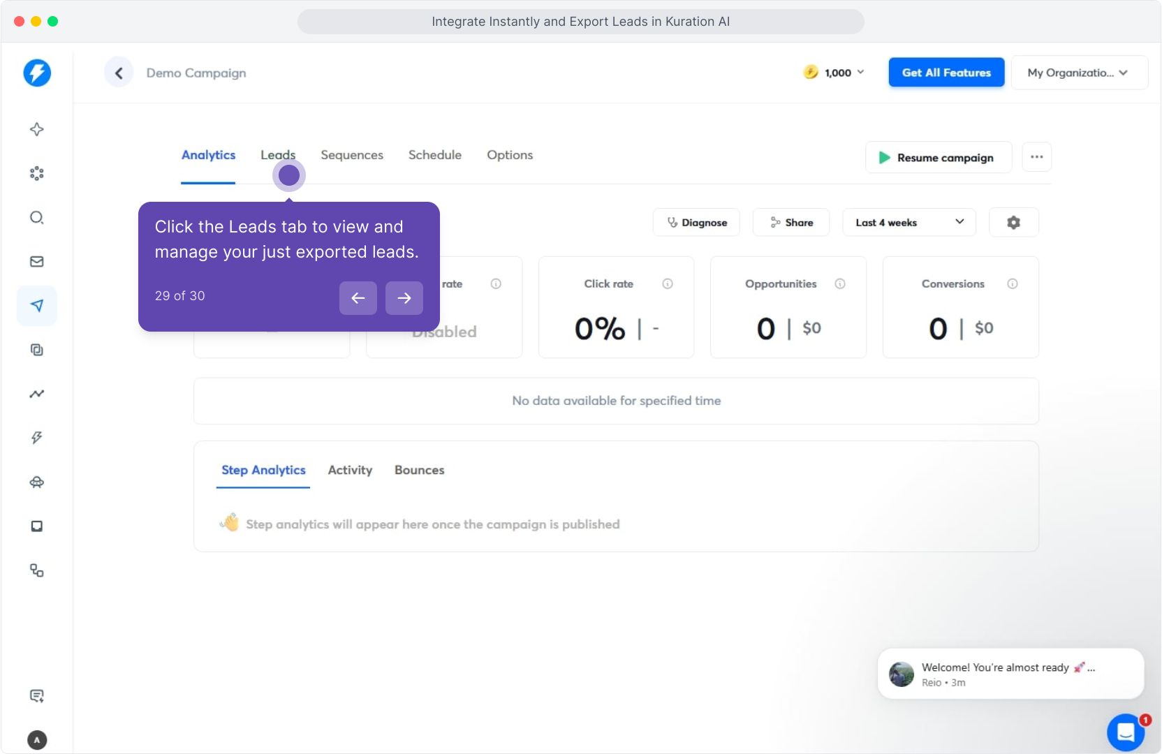 Demo Campaign view with the Leads tab highlighted
