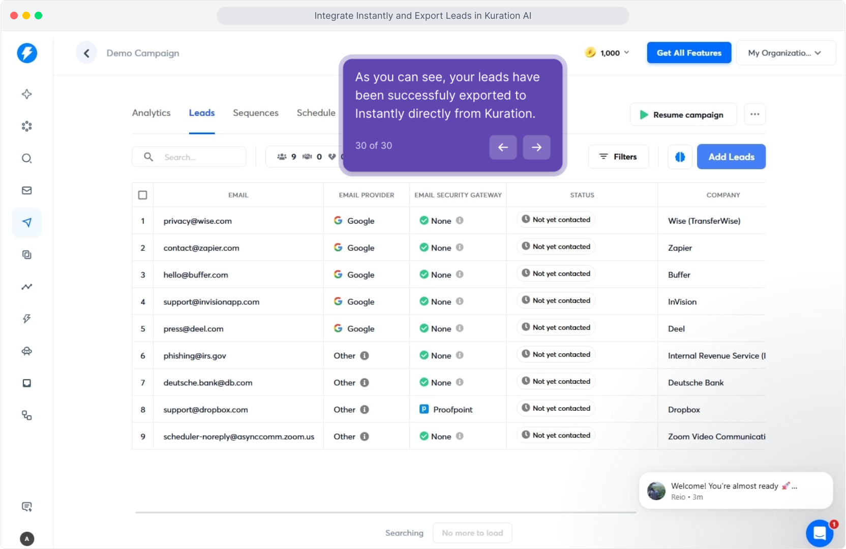 Demo Campaign Leads tab listing the leads exported from Kuration