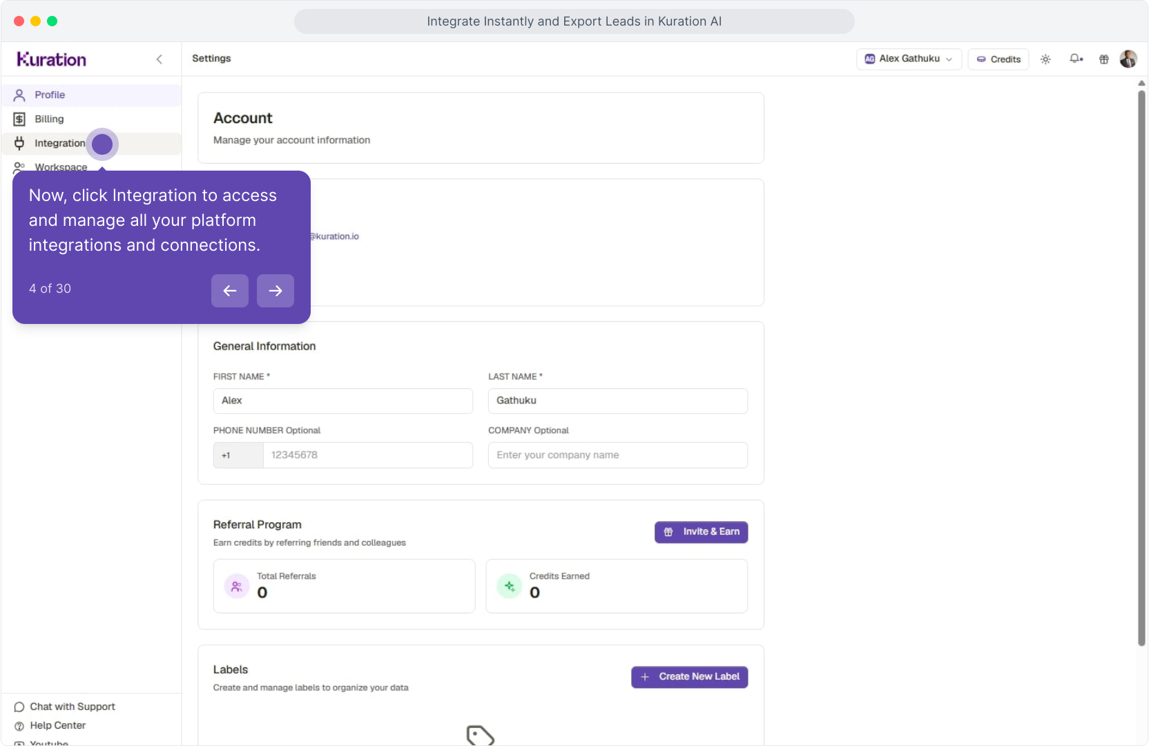 Settings sidebar with Integration highlighted