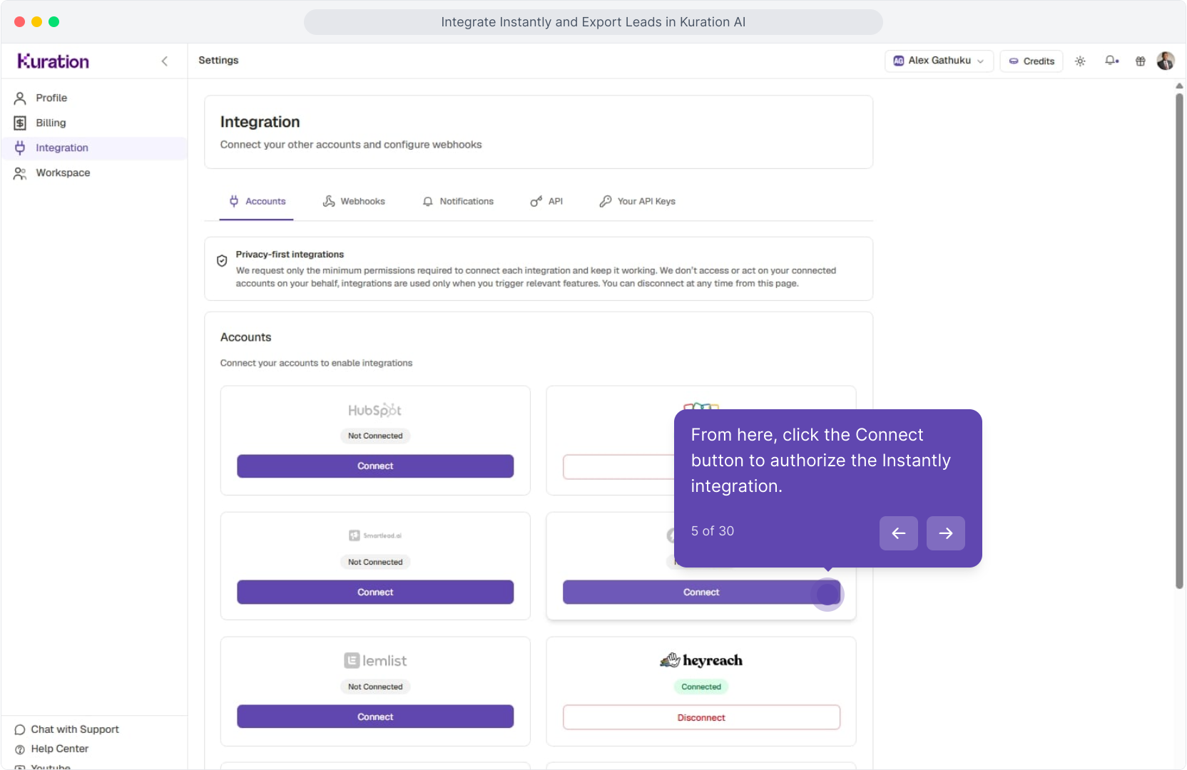 Integration settings with the Instantly Connect button highlighted