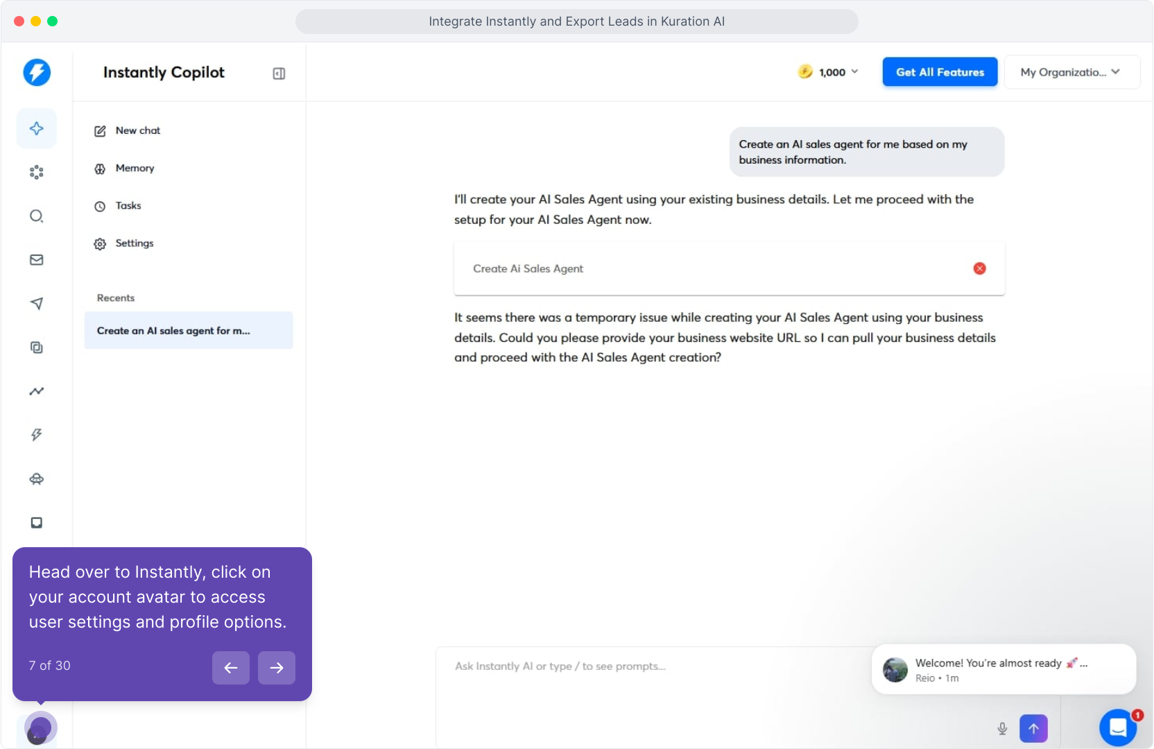 Instantly dashboard with the account avatar highlighted